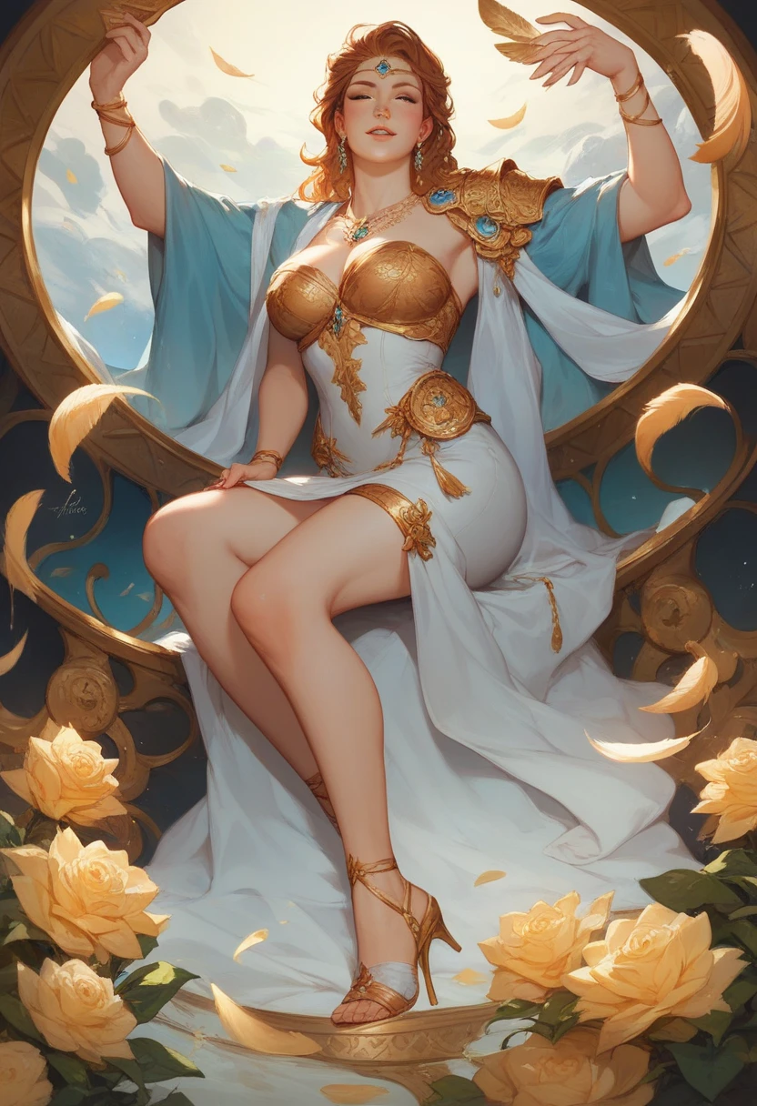 with her breasts the show adorned with gold bracelets, long gold skirt, belt with gold coins and whelks, braided hair and mirror in hand with white lilies on her feet, in an image reminiscent of the Venus of boticeli