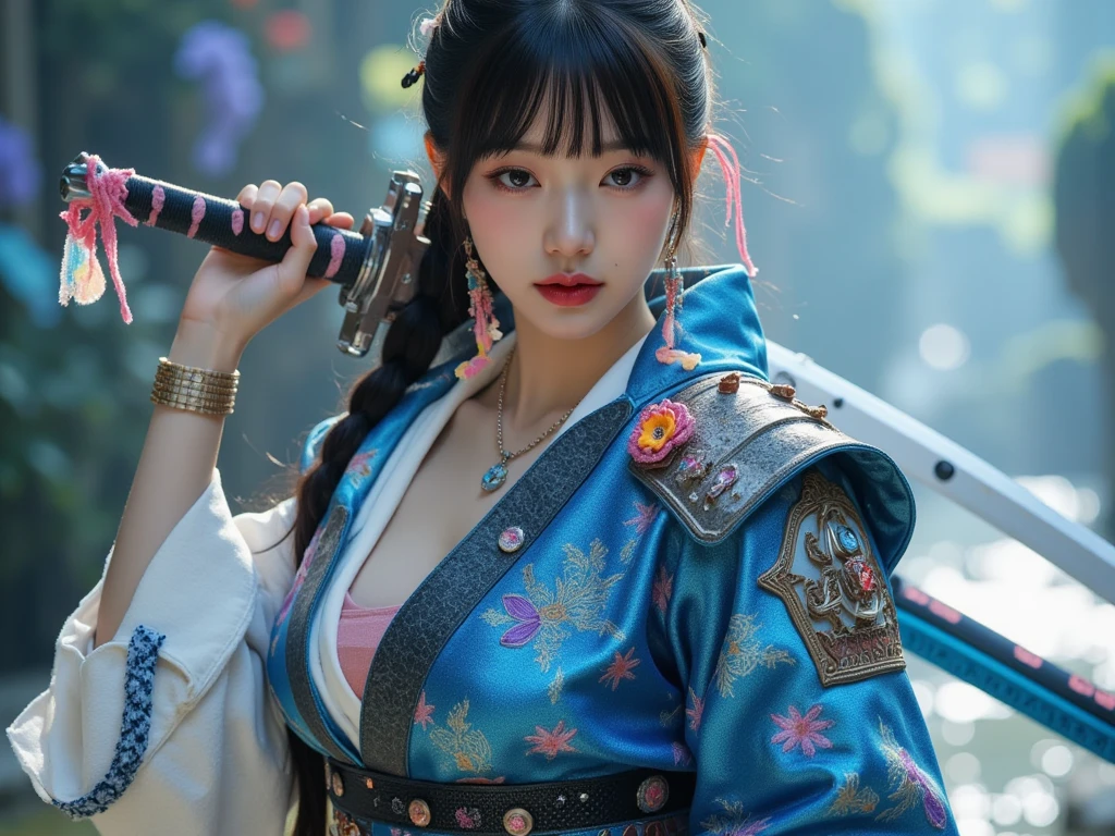 (Masterpiece, 8K resolution, ultra-realistic, very detailed), (beautiful face) (pretty eyes) (cleavage)(big breast)(wide hips)(narrow waist) (pearshaped figure) ((sensual  samurai action pose)(holding sword in one hand)(ass closeup view)(wears pink samurai attire )((25 years), (long blue and black hair:1.2), full body, (blue eyes:1.2), (sensual pose)), ((Nature environment):0.8)| (Pink blossom Garden landscape, at night, dynamic lights), (full moon)] # Explanation: The Prompt mainly describes “(("a sexy lady in a samurai outfit standing in a river with a sword, inspired by Kanō Hōgai, ghost of tsushima, samurai outfit, samurai style, samurai warrior, japanese samurai, cyberpunk samurai, japanese warrior, sekiro, as samurai, the samurai is wrapped in chains, very beautiful cyberpunk samurai, ronin, inspired by Kanō Sanraku “(highest quality, award winning, masterpiece:1.5), (photorealistic:1.6)"))((Surrounded by many butterflies flying ))(wears see through samurai attire),photorealistic(full body portrait)))”[(((samurai attire)))((holding a katana sword))]