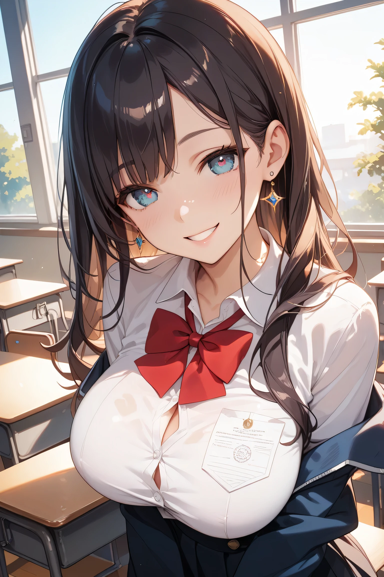 (premium:1.32), (The ultra -The high definition:1.4), (High resolution: 1.3), (CG Unity 8k Wallpapers:1.2), (Detailed eyes and skin.:1.35), (detailed facial features:1.25), (detailed students:1.36), precise and perfect human body structure, (textured skin: 1.26), high level image quality、Large file size、fulcolor、low noise、
(photorealistic, Many award-winning photos: 1.27), Depth of fields, shaded by sunlight、
Show white teeth and smile., chest neckline, big and full breasts, sexy thighs, ABS,
(poneyTail: 1.47), Brown hair, (blue eyes: 1.28), thick bangs, blue ribbon,
((high school uniform: 1.4)), Jackets、shirt、Red tie、pleated skirt、High socks、tokyo prefecture、fighting cross、An urban landscape、