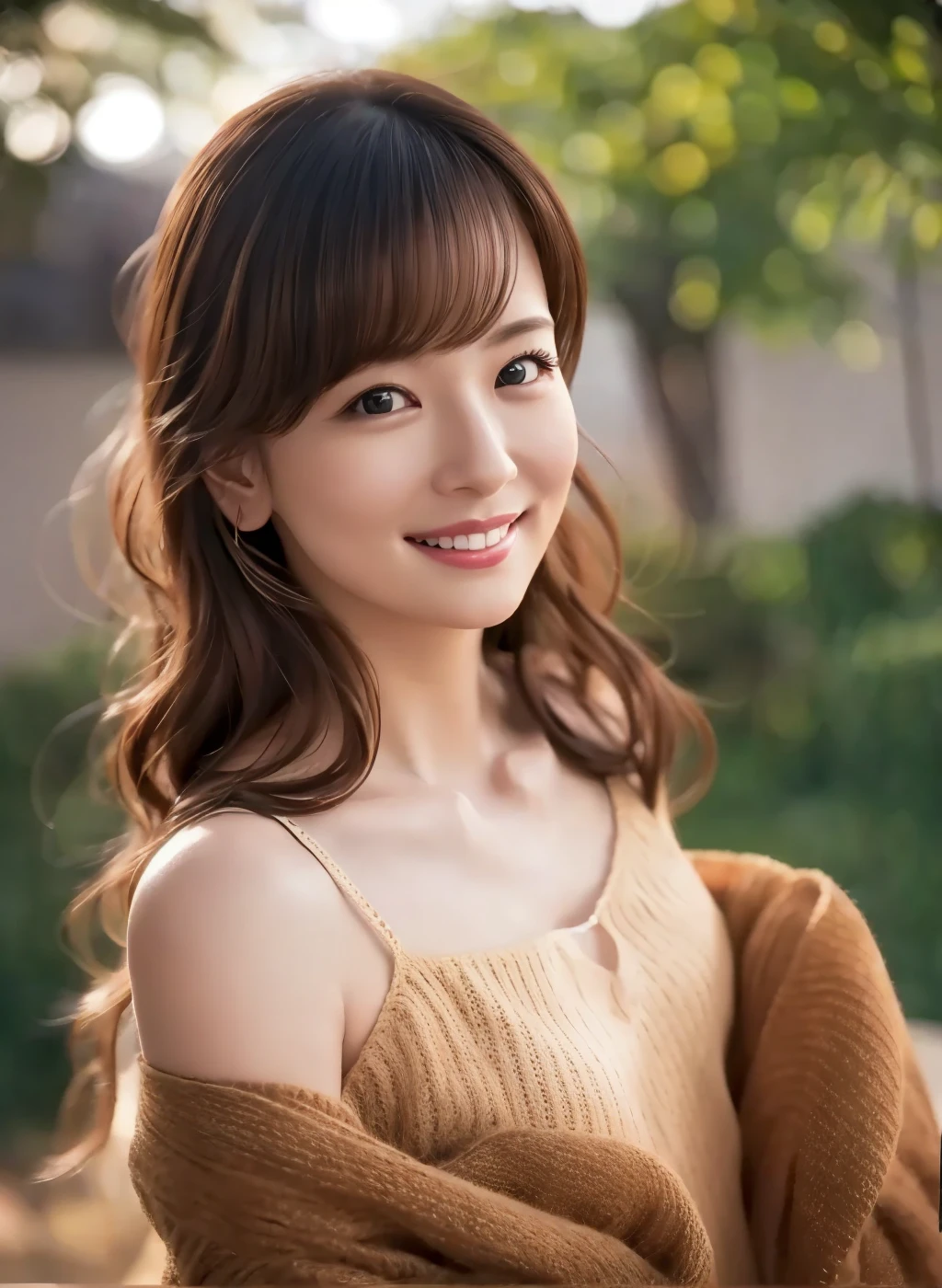 ((masterpiece))、((best quality))、pictures、Realism、 high quality images、See depth off 、ultra details、real lighting、dynamic composition、evening、 longer hair、 Married Woman、40s、brown light sweater、Delicate and exquisite features、 realistic background、Big  lips、sensual smile、Upper body、