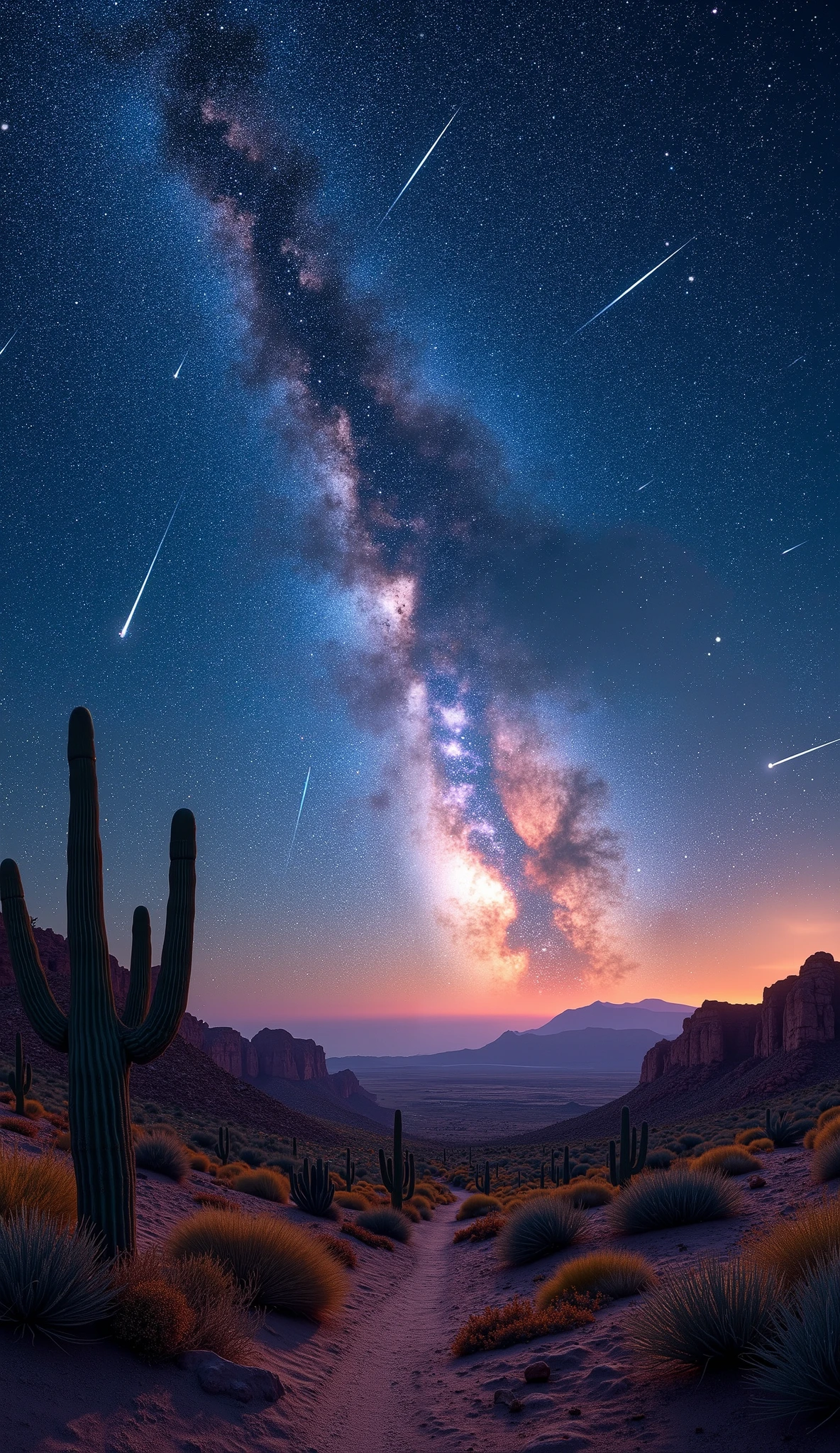  in high-definition images、 panoramic high resolution images of the night sky 、 spectacular image beauty 、  midnight sky 、  incredibly beautiful night sky  、 The stars in the night sky harmonize with exquisite deserts and cacti、 (Stars are protagonists )  depth of field effects  、  imaginative starry sky  、 fantasy 、 high-end color matching 、 Baja California peninsula 、colorful tails and shooting stars☆、 Spectacular 、 four corners 、 16k、Milky Way in the background。