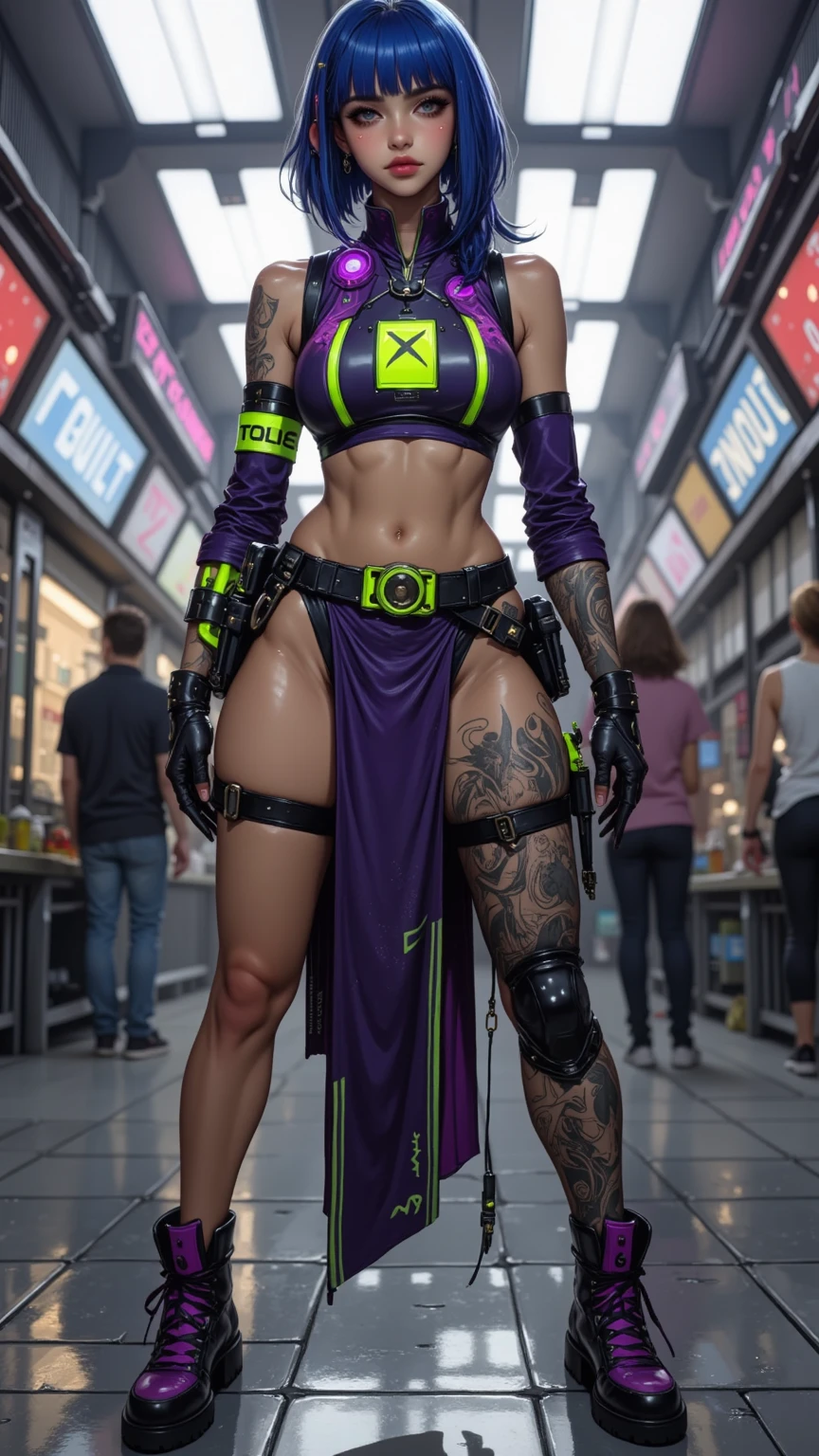 black, pink, white, purple, (white hair woman), (full body shot), tattoos, voluptuous, big breasts, cleavage, sexy, erotic, (tactical techwear clothes:1.1),abstract lines and circles background