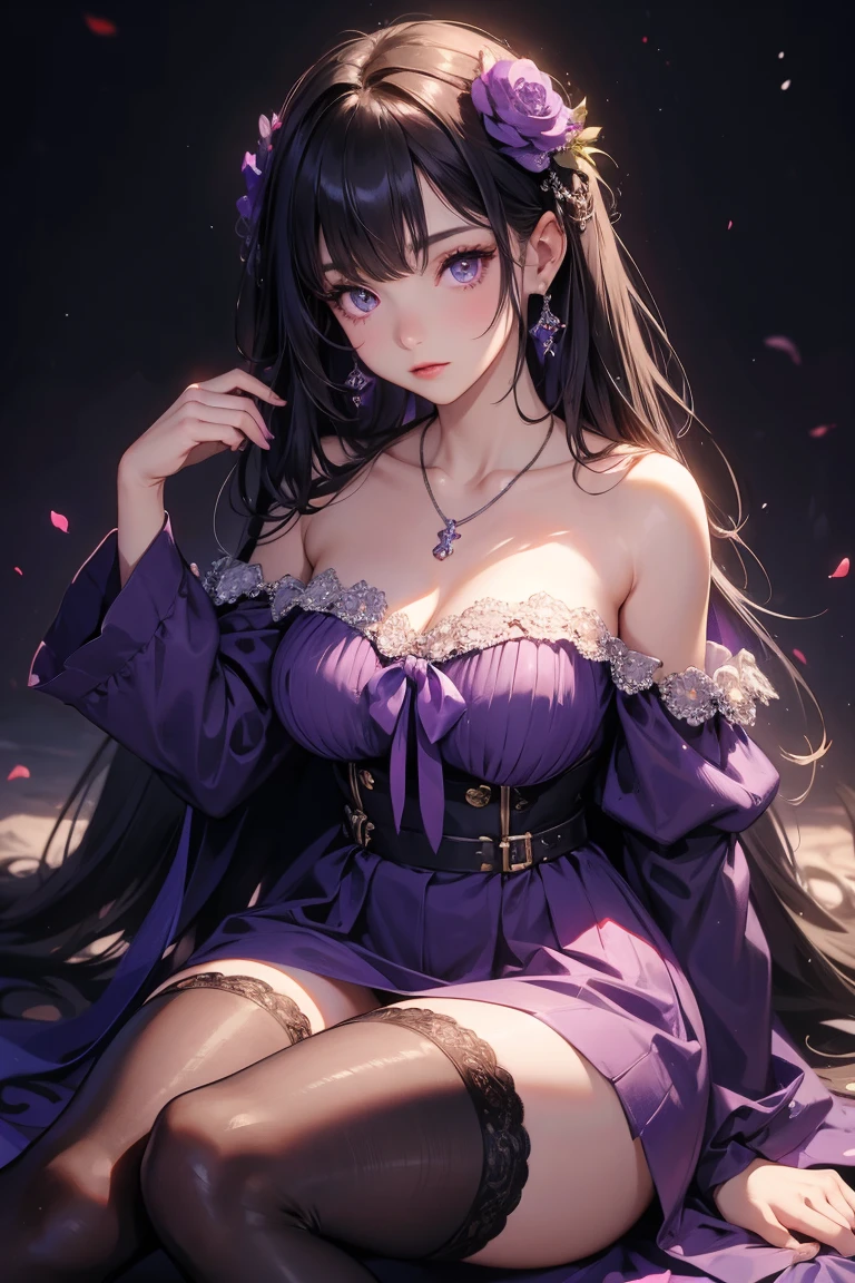 off shoulder dresasterpiece, best quality, high resolution, 1 girl, Super high resolution, alone, stockings, purple eyes, , long hair, Bangs,necklace
