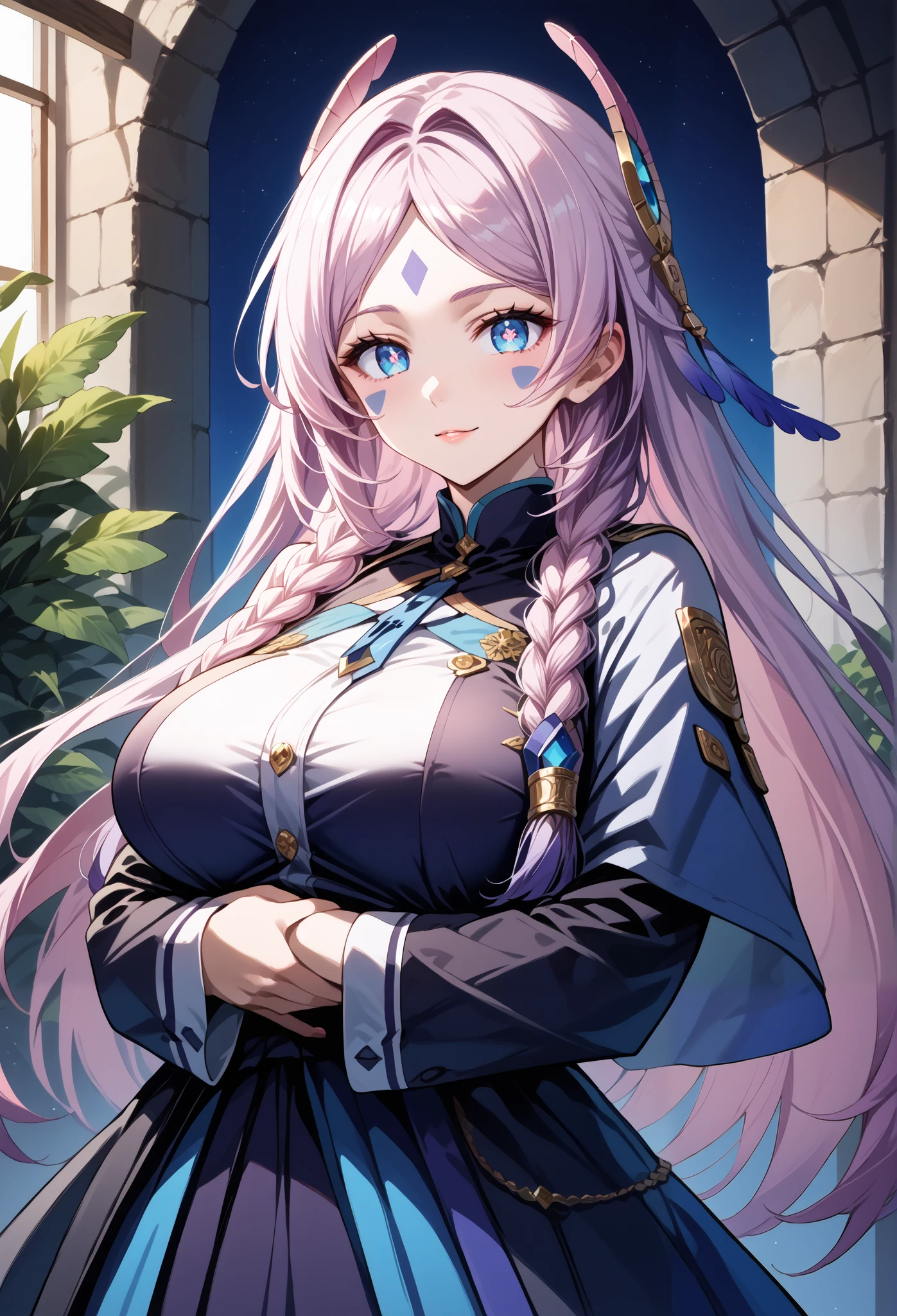 score_9, score_8_up, score_7_up, source_anime, 4K,perfect fingers,(perfect hands, perfect anatomy),prefect lighting, very aesthetic, intricate details,highly detailed background, masterpiece, high quality, best quality,
citlali, blue eyes, bright pupils, facial mark, long hair, multicolored hair, pink hair, purple hair, hair intakes, braid, twin braids, parted bangs, hair ornament,Large Breast
hug from behind,