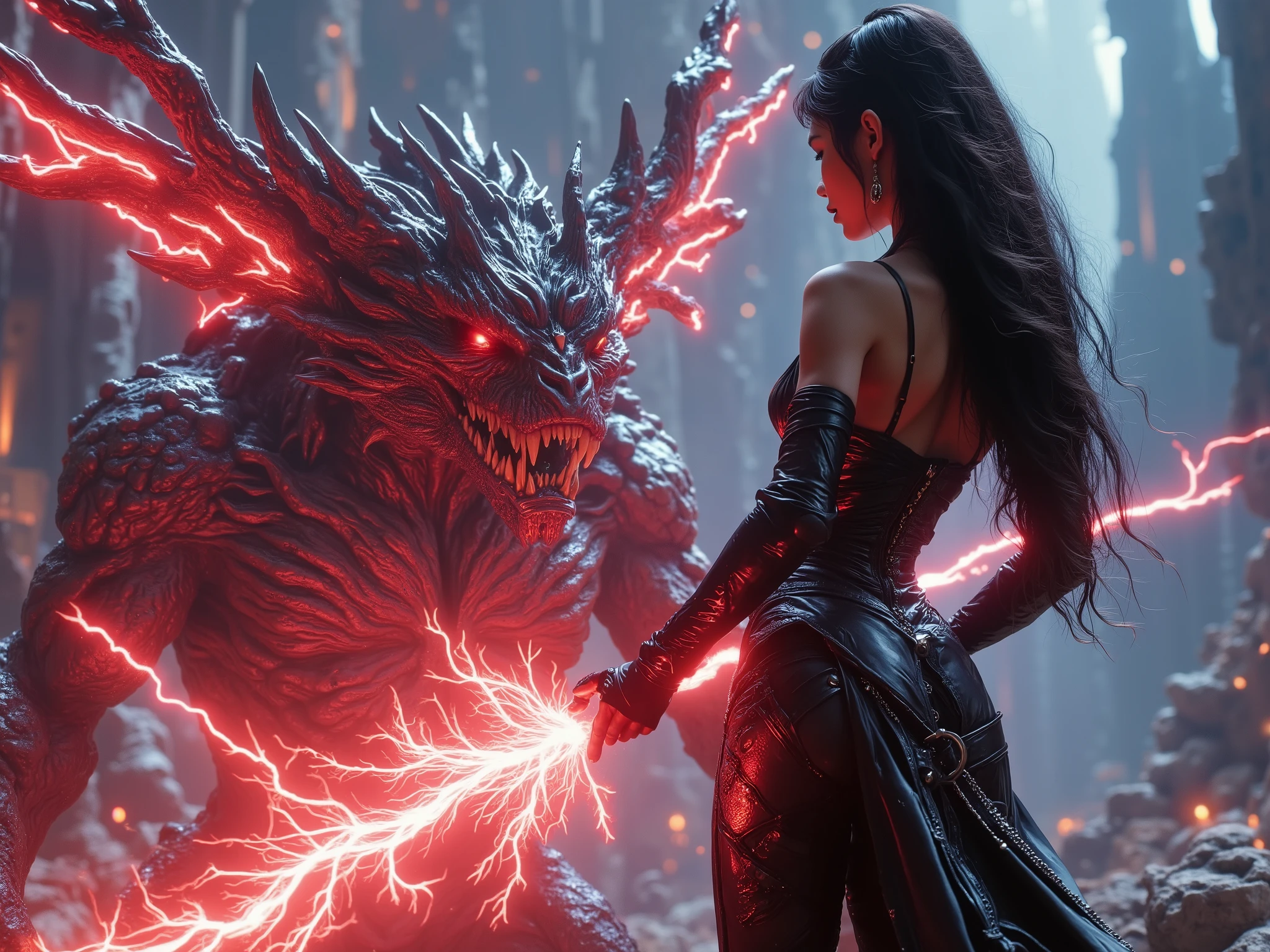 A stunning Asian elf sorceress. She has breasts and a slim hourglass body shape clad in tight, simple, medieval, padded leather armor and full leather trousers. Her dark hair matches the black of her elven armor. She is standing in an aggressive combat stance, firing a glowing ball of intense blood plasma magic, violently destroying a biopunk monster. The background is detailed with elven megastructures towering, intricate biomechanical designs fusing flesh and machine with jagged lines of blood and lightning, inspired by Metabolism architecture aesthetics, vibrant colors, and exquisite violent details. Kaleidoscopic colors.