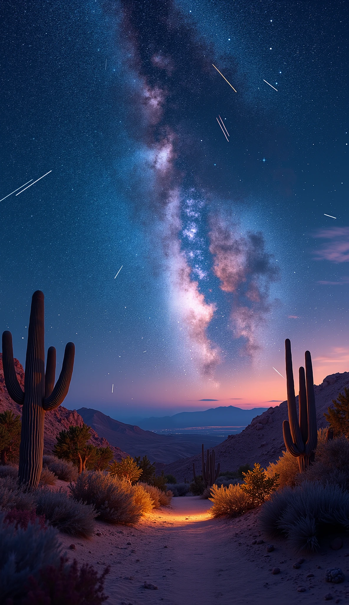  in high-definition images、 panoramic high resolution images of the night sky 、 spectacular image beauty 、  midnight sky 、  incredibly beautiful night sky  、 The stars in the night sky harmonize with exquisite deserts and cacti、 (Stars are protagonists )  depth of field effects  、  imaginative starry sky  、 fantasy 、 high-end color matching 、 Baja California peninsula 、colorful tails and shooting stars☆、 Spectacular 、 four corners 、 16k、Milky Way in the background。