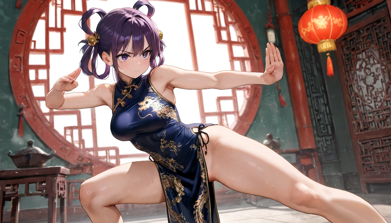1girl, solo, jewelry, hair ornament, long hair, necklace, chinese clothes, navel, skirt, blurry background, bare shoulders, brown hair, looking at viewer, blurry, midriff, black hair, hair bun