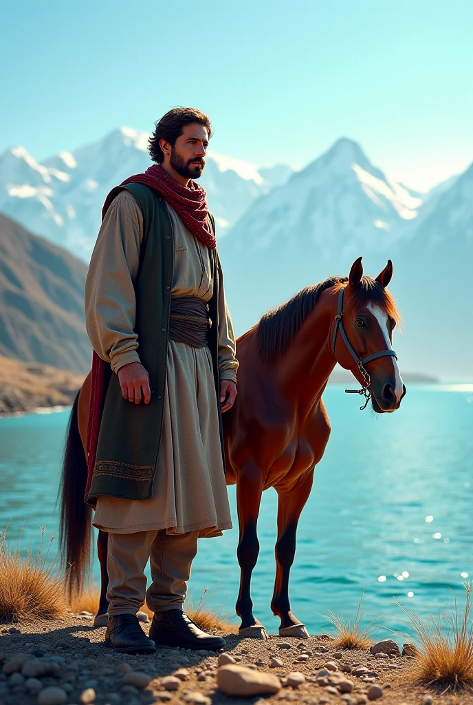 Jamie dornan, braids, bare-chested, muscular, young, abs, male solo, riding horse, grassland, fur, Tibetan clothing, depth of field, vfx, cold tones