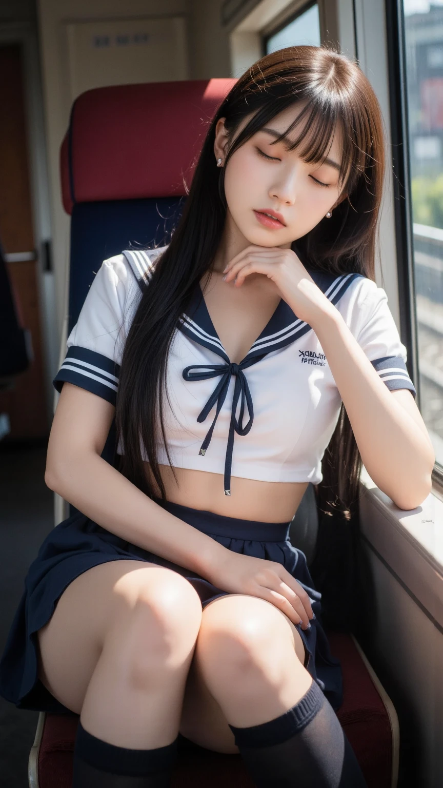 (16k, RAW photos, top quality, masterpiece: 1.2), (realistic, photorealistic: 1.37), one girl, Korean, 18 years old, sailor suit, (open legs)), sitting on a crowded train, big, slender, crotch, full open legs, (round swing sexy mini skirt: 1.3), (white open shirt: 1.3), , See-through underwear, not wearing underwear