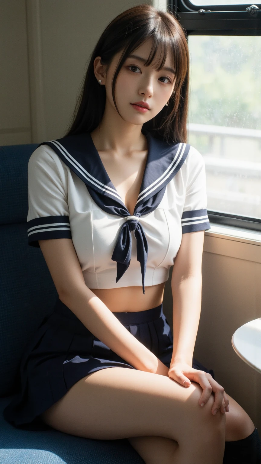 play sports often, (navy blue sailor uniform:1.2), (Navel exposed:1.2)、No panties, (Cyberpunk settings: 1.2), compensate,, (1 girl: 1.4), highest quality, masterpiece, (reality: 1.2), young woman, lady, detailed face, fine eyes, fine hair, fine skin, looking at the viewer, dramatic, vibrant, sharp focus, 50mm, f1.2, EOS R8, (3/4 body: 1.2), (Inside the train in the background: 1.6), (highest qualityの詳細: 1.2), 8K HD,(spread legs:1.2),