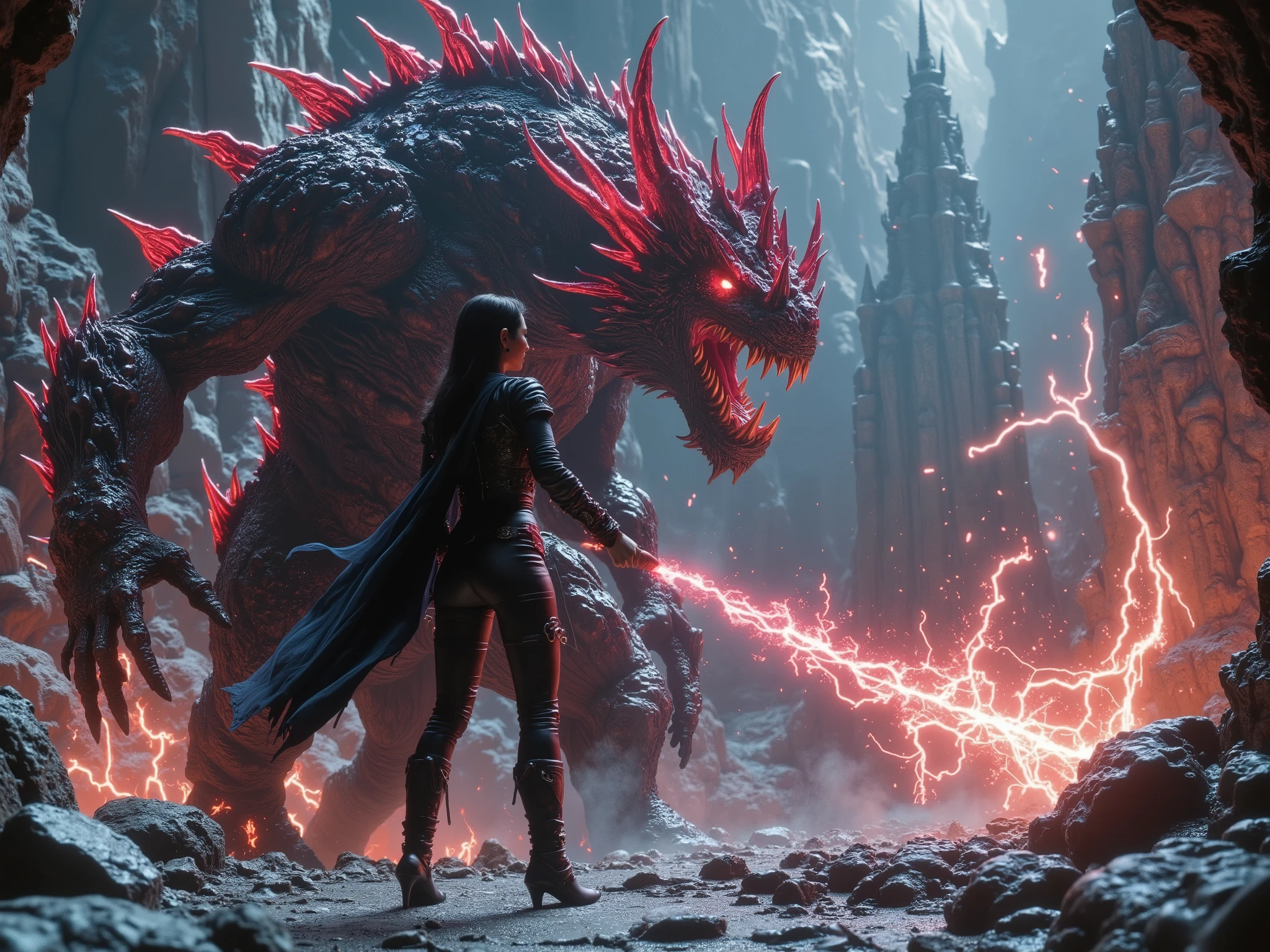 A stunning Asian elf sorceress. She has breasts and a slim hourglass body shape clad in tight, simple, medieval, padded leather armor and full leather trousers. Her dark hair matches the black of her elven armor. She is standing in an aggressive combat stance, firing a glowing ball of intense blood plasma magic, violently destroying a biopunk monster. The background is detailed with elven megastructures towering, intricate biomechanical designs fusing flesh and machine with jagged lines of blood and lightning, inspired by Metabolism architecture aesthetics, vibrant colors, and exquisite violent details. Kaleidoscopic colors.