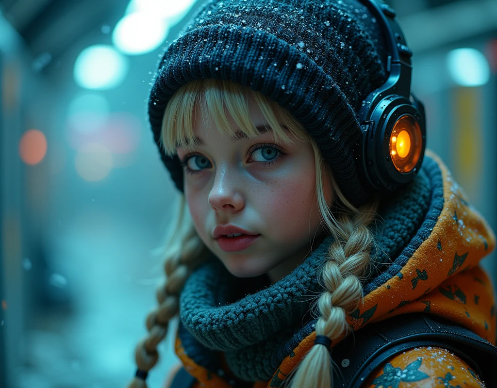 Russian child girl blonde long hair straight, put on headset and change into a cyberpunk yellow coat but do not change the face --auto --s2