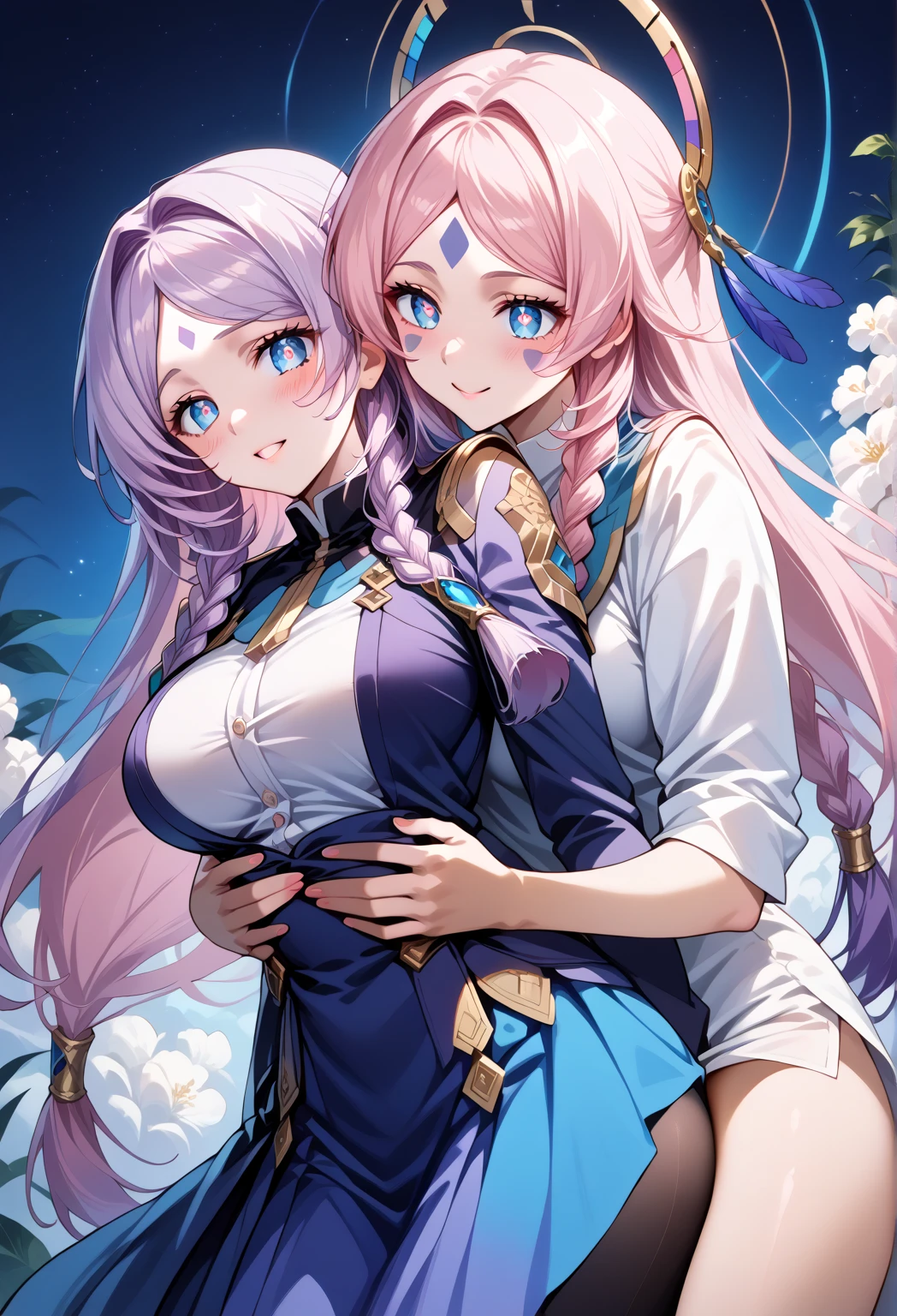 Masterpiece, Best quality, A high resolution, Ah 4, Pink hair, face markings, Multiple tails, Fox tail, Japanese clothes, Bare shoulders, white thighhighs, Hair ribbon, Large breasts, forest, standing, Cowboy shot,make,2 girls,tongue kissing,Breast-to-breast contact,2girls,(Lady:1.2), ((Extremely detailed face, Hair, skin, Eyes)), hdr, 4K, 16k, 32K, 64k, 128k, 256k, 512k, Asymmetrical balance, teas, FXAA, Anti – Aliasing, Intricate details, Fantastic, magic, Light rays, Ray traching, post-proces, eyeslashes, (eye shadows), eyes liner, mascara, Makeup, Yuri, (Thighs:0.8) NSFW, Dynamic Angle(Large breasts),tongue kissing,grabbing breast
