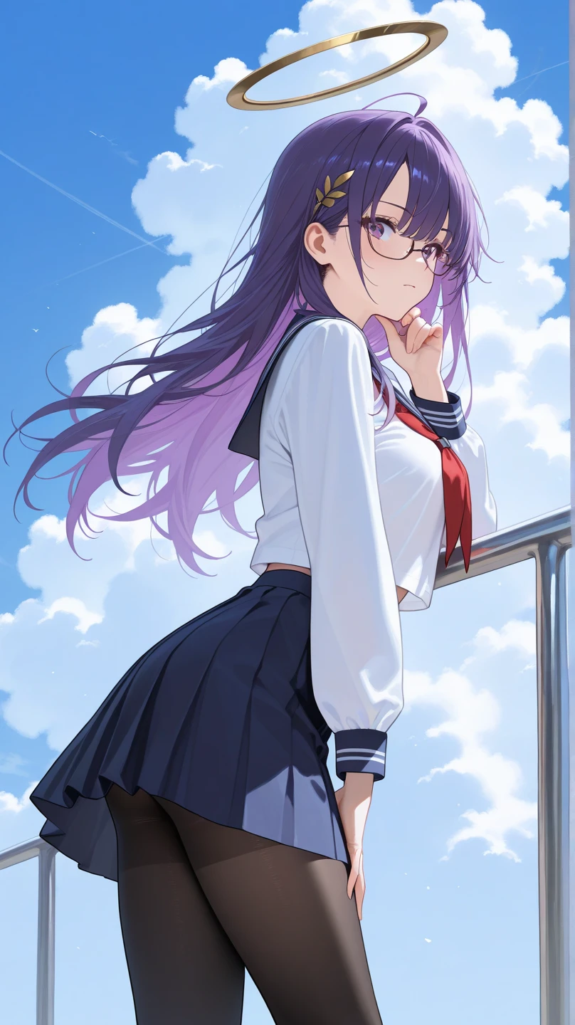 The image is an illustration of a young woman with long purple hair and glasses. She is wearing a white school uniform with gold accents and black tights. The woman is in mid-air, with her left leg extended upwards and her right leg bent at the knee. She has a serious expression on her face and her hand is resting on her chin. The background is a blue sky with white clouds. 