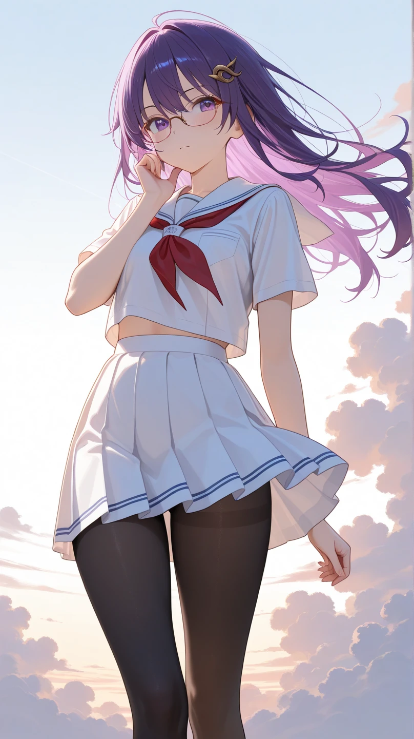 The image is an illustration of a young woman with long purple hair and glasses. She is wearing a white school uniform with gold accents and black tights. The woman is in mid-air, with her left leg extended upwards and her right leg bent at the knee. She has a serious expression on her face and her hand is resting on her chin. The background is a blue sky with white clouds. 