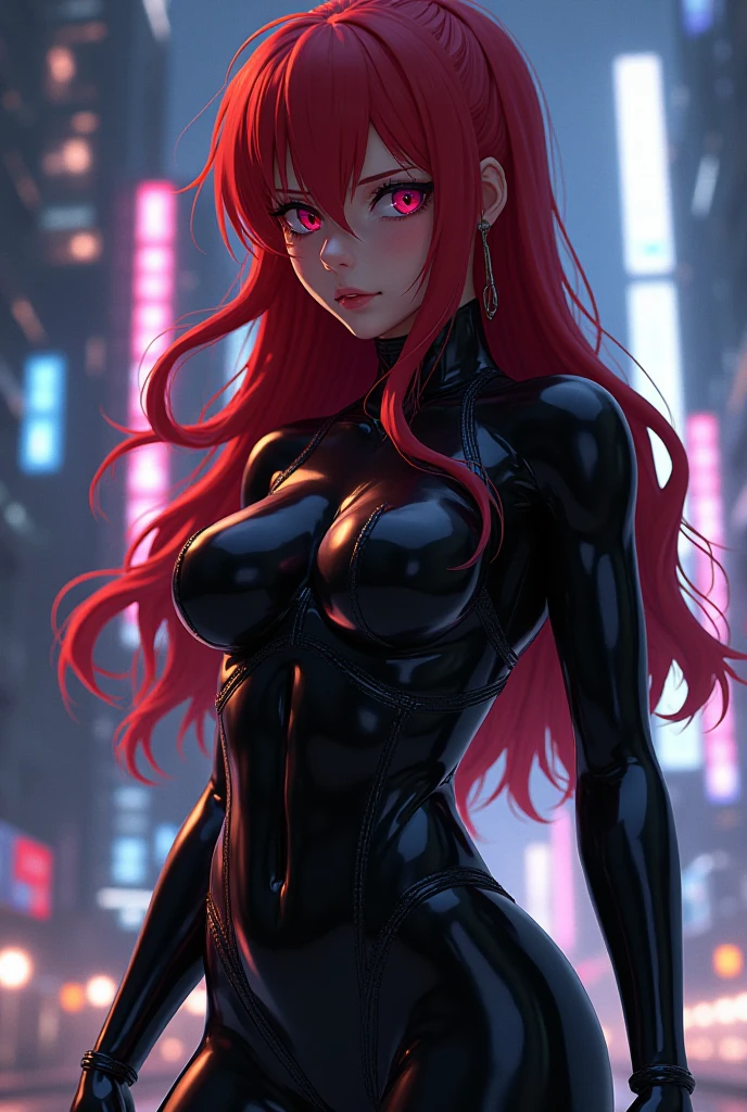 1girl, (shapely body), (solo), skyscraper outdoors, neon rim light, night, rain, volumetric lighting, <lora:Hwa_Ryun:1>, red hair, long hair, Hwa Ryun, eyepatch, long hair, red hair, smile, red eyes, mask, large breasts,