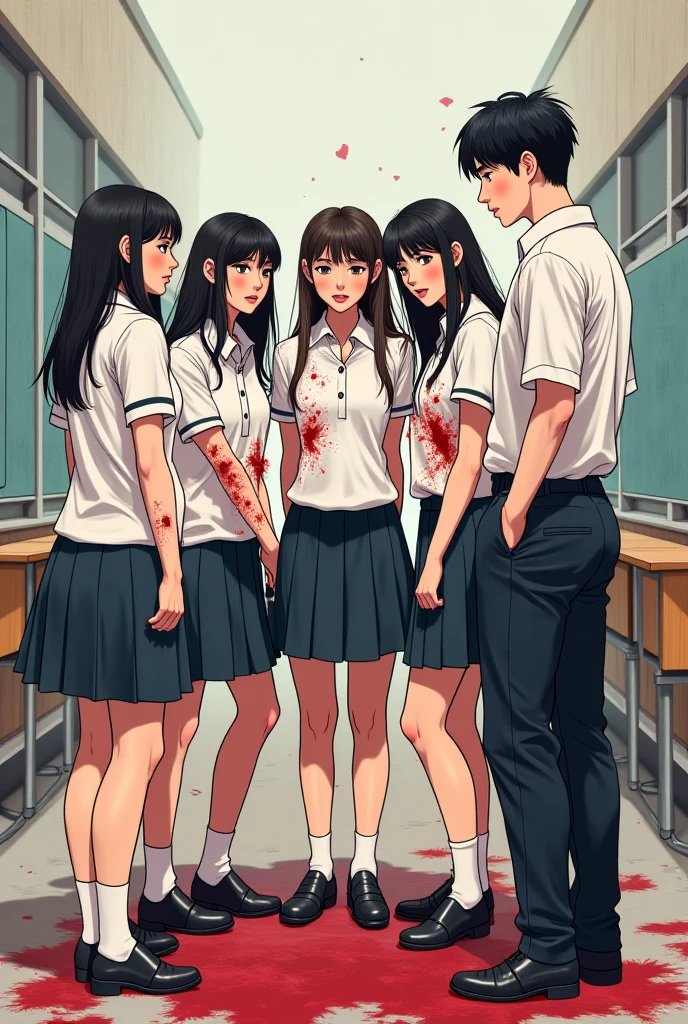 1 girl with curly hair of medium size, brown hair color, honey eye color with 2 moles on the right side of her face and white skin color, wearing a uniform with a white shirt, dark blue pants with a white line on the pants, clothes with blood holding an ax in his hand, 1 with medium straight hair, brown color, dark brown eyes and white skin color, uniform with a white shirt with dark blue pants with a line on the pants with blood on the clothes holding a broom, 1 other girl with short brown hair, brown eyes and white skin color, uniform, white shirt with dark blue pants with a white line and blood, holding a broom, 1 boy with brown hair and very short, small size and dark brown eyes with a white shirt and dark blue pants full of blood holding a baseball bat and his skin color is brown, all of them with a somewhat sad face, all of them with their entire body facing forward, looking at the camera, the scene behind them was a school in front with some zombies, the lighting is a little dark but you can see everything, the four of them together in the same place, They are all teenagers and in high school