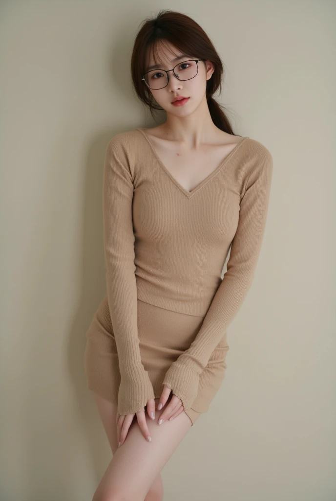 Teenage girl, ginger hair, superflat, very thin body, in sweater dress, very thin face, wide cheekbones, sharp chin, beautiful, super big lips