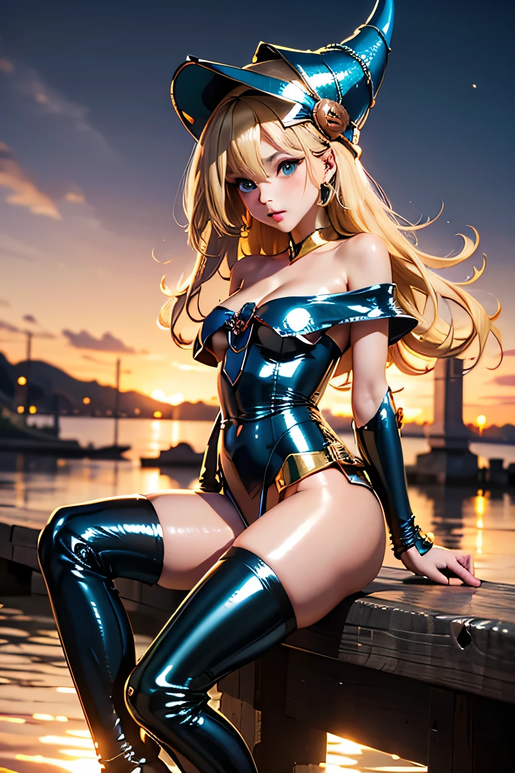 Young girl, long amber hair, Thigh-high boots,blue eyes, Golden Symbiote Suit, poison, genocide, Blood, nail, smile, masterpiece, high quality, Open the belly