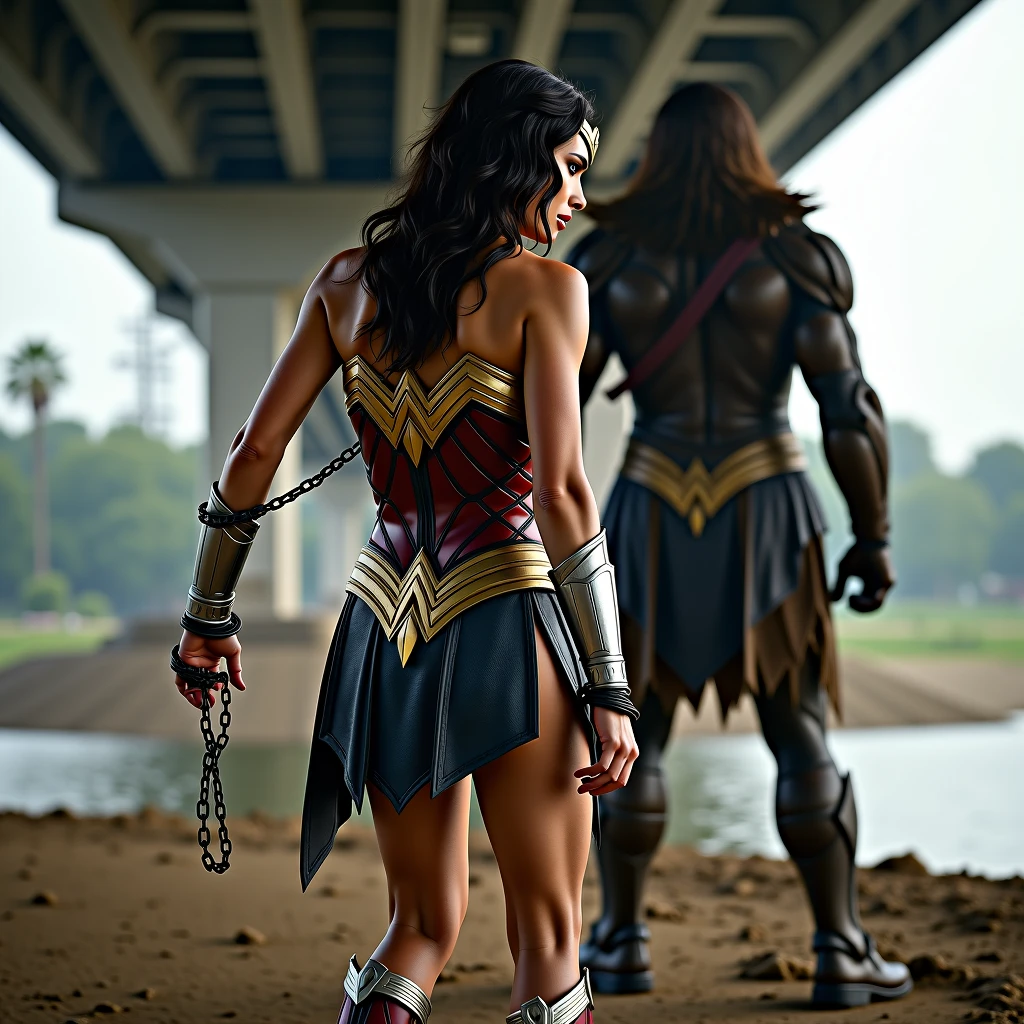 A beautiful woman with her head completely shaved wearing the Amazon warrior Wonder Woman costume on her knees begging for forgiveness next to her a beautiful black-skinned woman standing under the cloak of the Amazon warrior Wonder Woman blood around her strong and bloody images