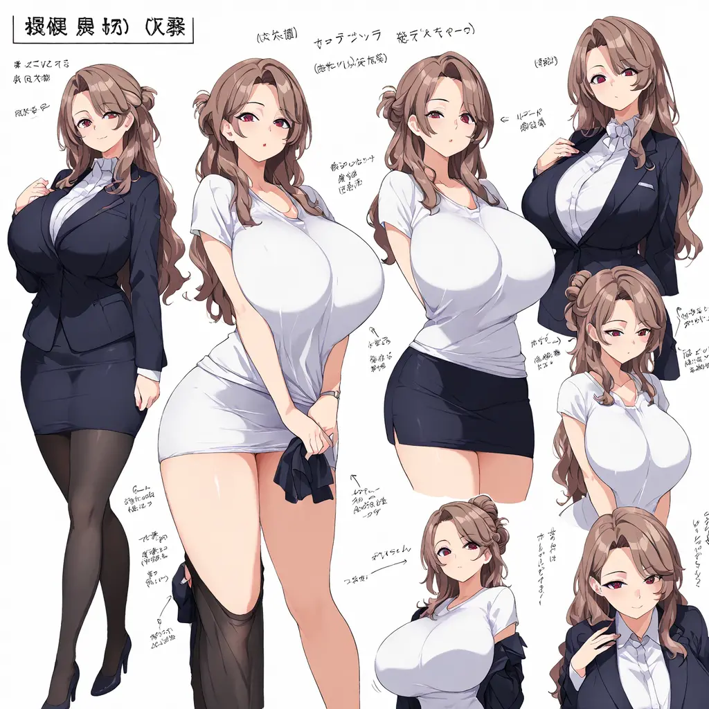 girl, alone, whole body, From head to toe, Are standing, (Huge Saggy Tits:1.3),

Character design sheet, Character Reference Sheet, 設計図のSchematic, Drafting, Blueprint, Schematic,
((Character design sheet:1.7, Character Reference Sheet:1.7,)),

anime/cartoon character wearing a girls , 1girl, alone, ,Mature Woman,Cleavage,Long sleeve,Collared shirt,White shirt,,(Tight Skirt),((garter belt)),(High heels),Skirt Suit,mini skirt,office lady,Long Hair, bow, ,  (Very short skirt:1.4), (lingerie:1.5),secretary,Thin glasses, (In underwear:1.8),nsfw,Full nudity、