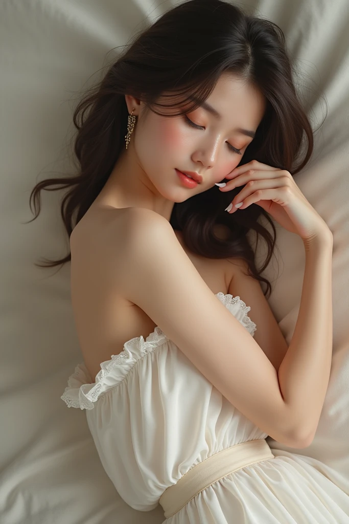 16k ultra-fine CG wallpaper, masterpiece, excellent picture quality, super delicate), (excellent light and shadow, delicate and beautiful), real smooth skin, bright face, 18K close-up perfect display, loli, cute, girl wearing exquisite sleeveless shirt and long skirt, lying prone on the white big bed, colorful jewel-like eyes.