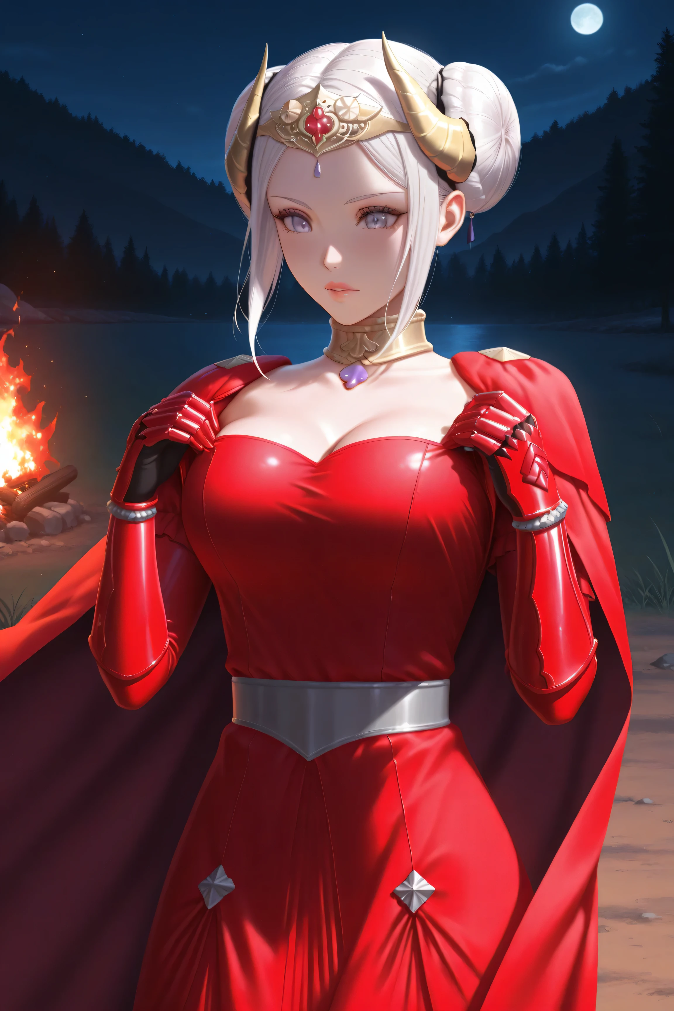 masterpiece, beautiful, detailed face, best quality, perfect hands, perfect eyes, (Sexdoll:1.0, adult Edelgard sexdoll:5.0), double bun, fake horns, short hair, tiara, red dress, red cape, red gauntlets, long dress, 1woman, undressed, fire emblem, night, camp