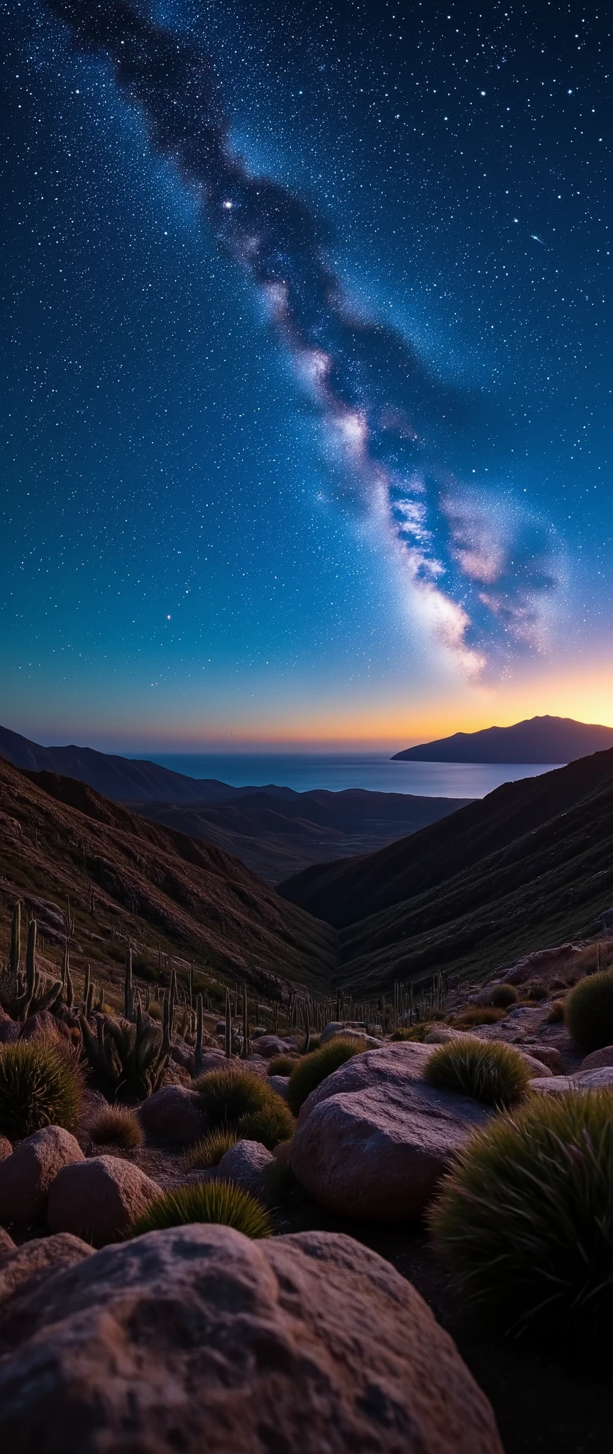 in high-resolution images、 panoramic high resolution images of the night sky、spectacular images beautiful、Pre-dawn sky、 incredibly beautiful night sky 、stars in the night sky harmonize with exquisite deserts and cacti、(Stars are the protagonists) depth of field effects 、 imaginative starry sky 、high-end color matching、Baja California peninsula、カラフルな尾と流れ星☆壮観、four corners、16k、Milky Way in the background。
