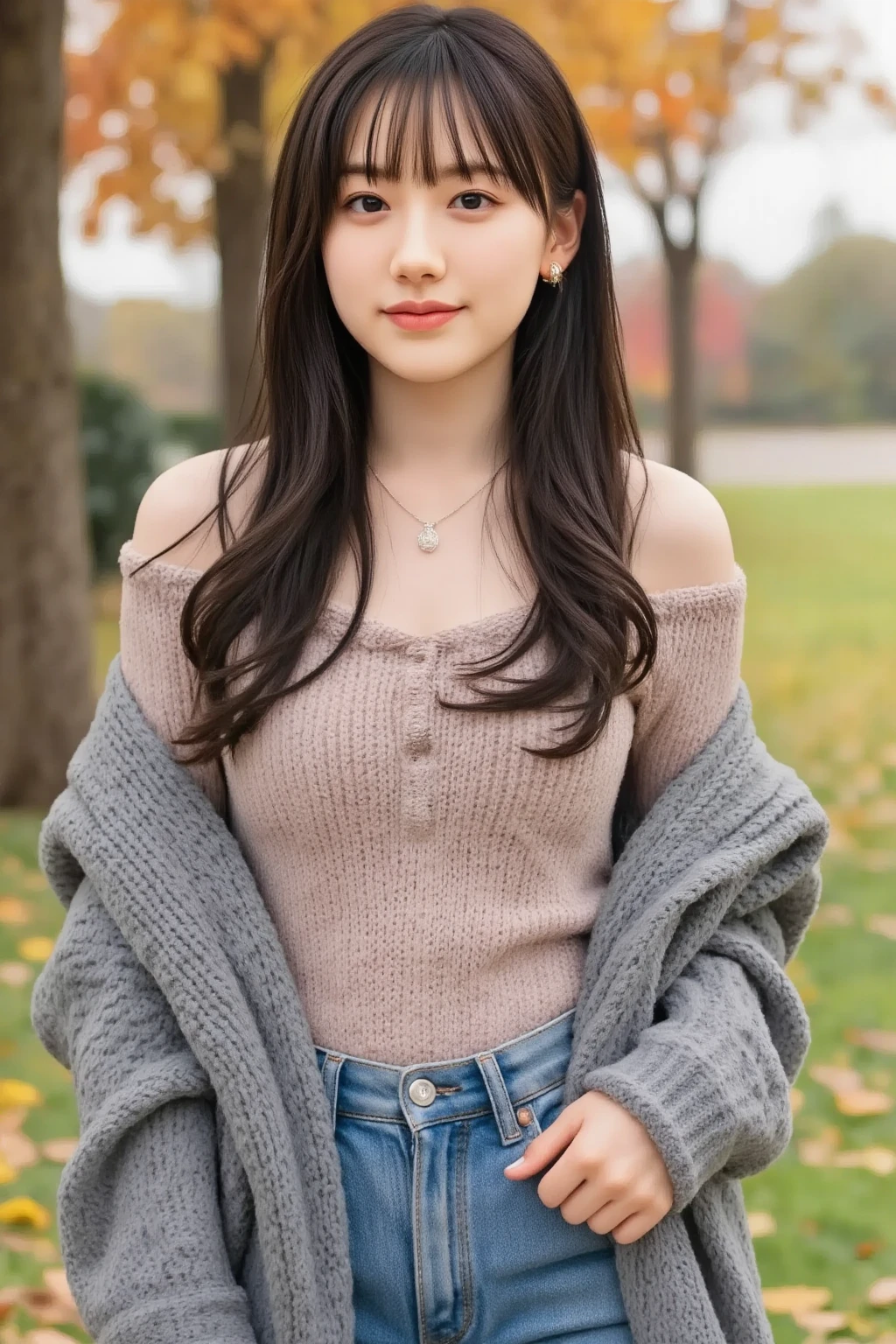  25 years old women, black wavy long hair、bangss、off-the-shoulder sweater, Puffy nipple、soft boob、Tight jeans pants, jacket、Medium milk, cute smile face、(Butt sticking out pose)、(turned around、shake your head a little)、sexy hips、Red high heels、bench in the park with a lake、sexy pose、Sexy lace panties、Big necklace、earrings、Photos showing the whole body