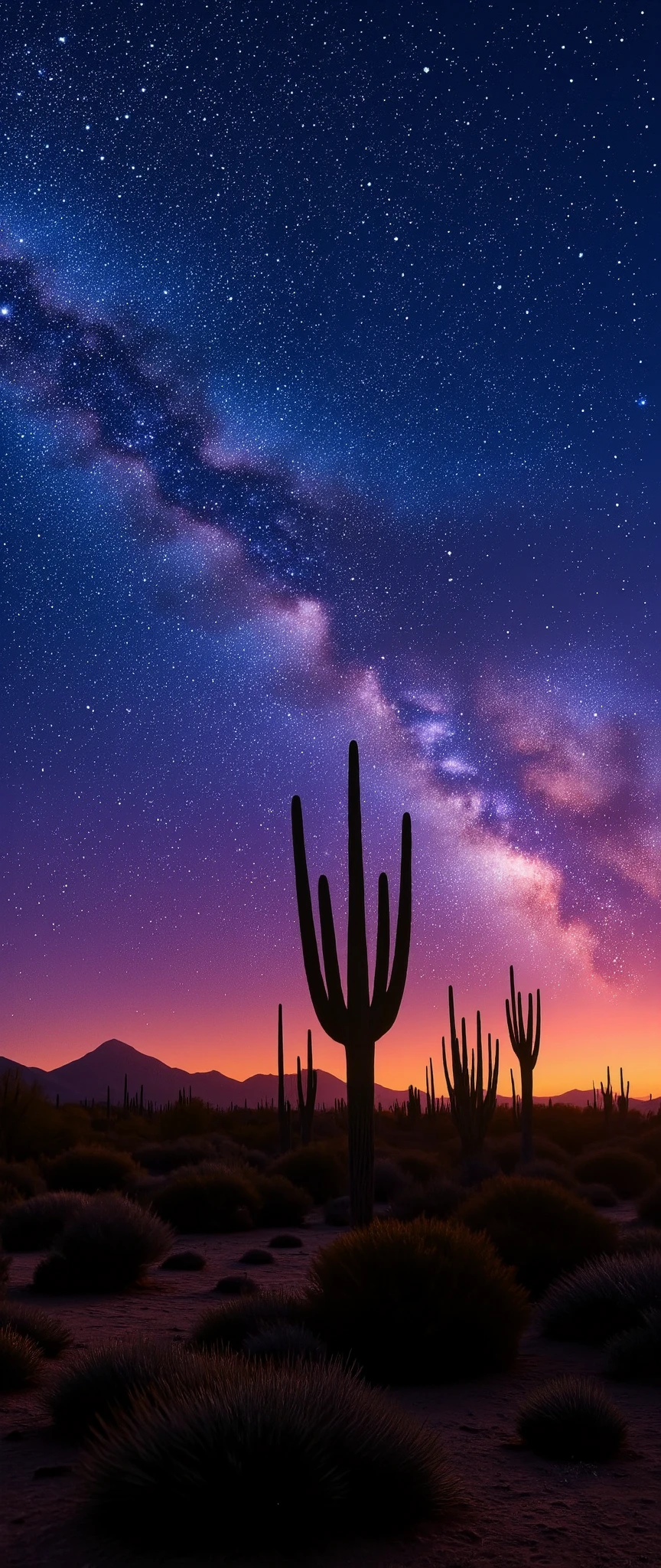 in high-resolution images、 panoramic high resolution images of the night sky、spectacular images beautiful、Pre-dawn sky、 incredibly beautiful night sky 、stars in the night sky harmonize with exquisite deserts and cacti、(Stars are the protagonists) depth of field effects 、 imaginative starry sky 、high-end color matching、Baja California peninsula、カラフルな尾と流れ星☆壮観、four corners、16k、Milky Way in the background。