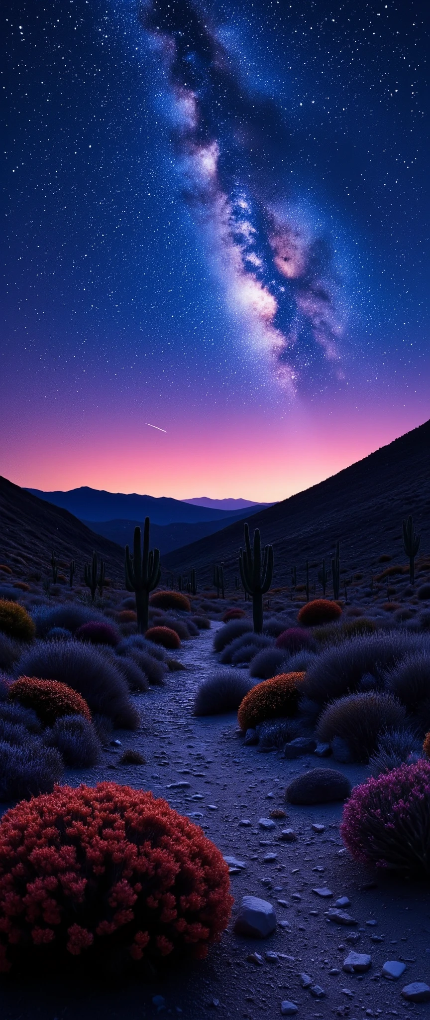 in high-resolution images、 panoramic high resolution images of the night sky、spectacular images beautiful、Pre-dawn sky、 incredibly beautiful night sky 、stars in the night sky harmonize with exquisite deserts and cacti、(Stars are the protagonists) depth of field effects 、 imaginative starry sky 、high-end color matching、Baja California peninsula、カラフルな尾と流れ星☆壮観、four corners、16k、Milky Way in the background。