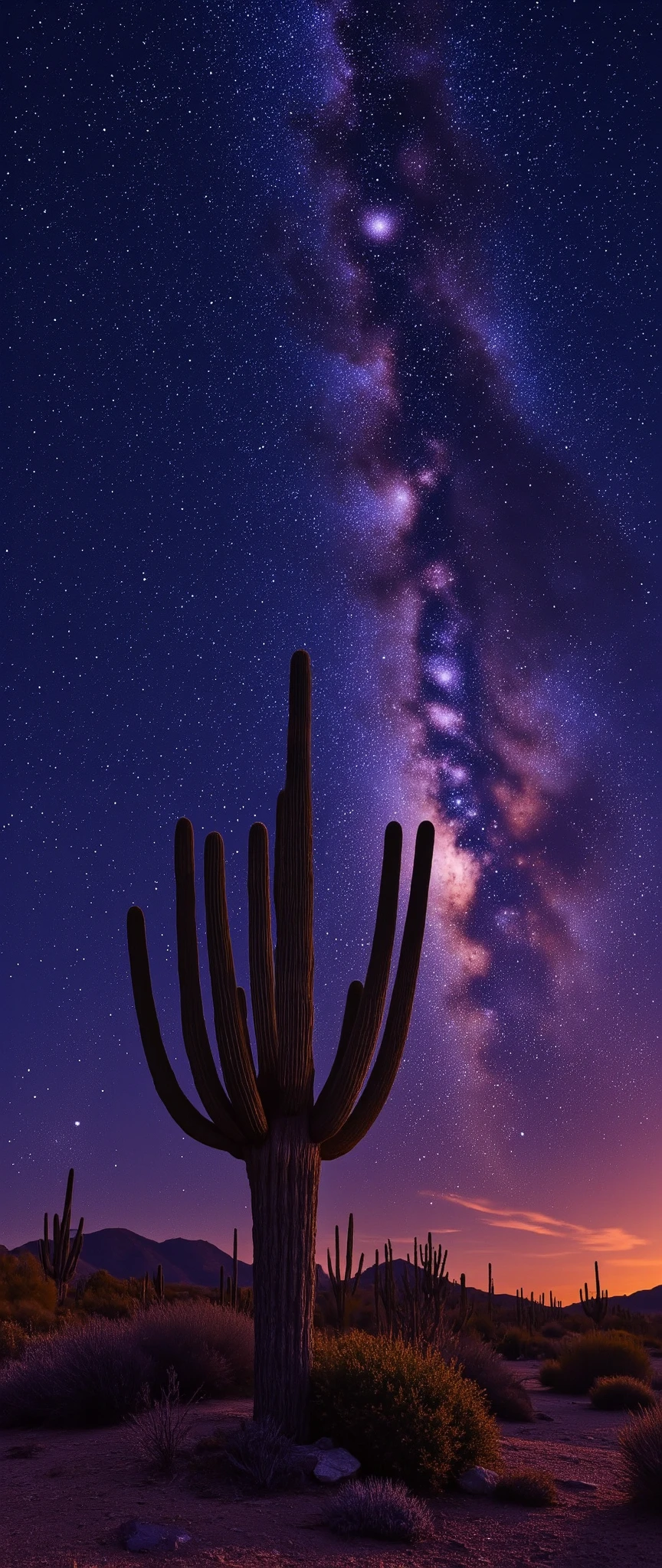 in high-resolution images、 panoramic high resolution images of the night sky、spectacular images beautiful、Pre-dawn sky、 incredibly beautiful night sky 、stars in the night sky harmonize with exquisite deserts and cacti、(Stars are the protagonists) depth of field effects 、 imaginative starry sky 、high-end color matching、Baja California peninsula、カラフルな尾と流れ星☆壮観、four corners、16k、Milky Way in the background。