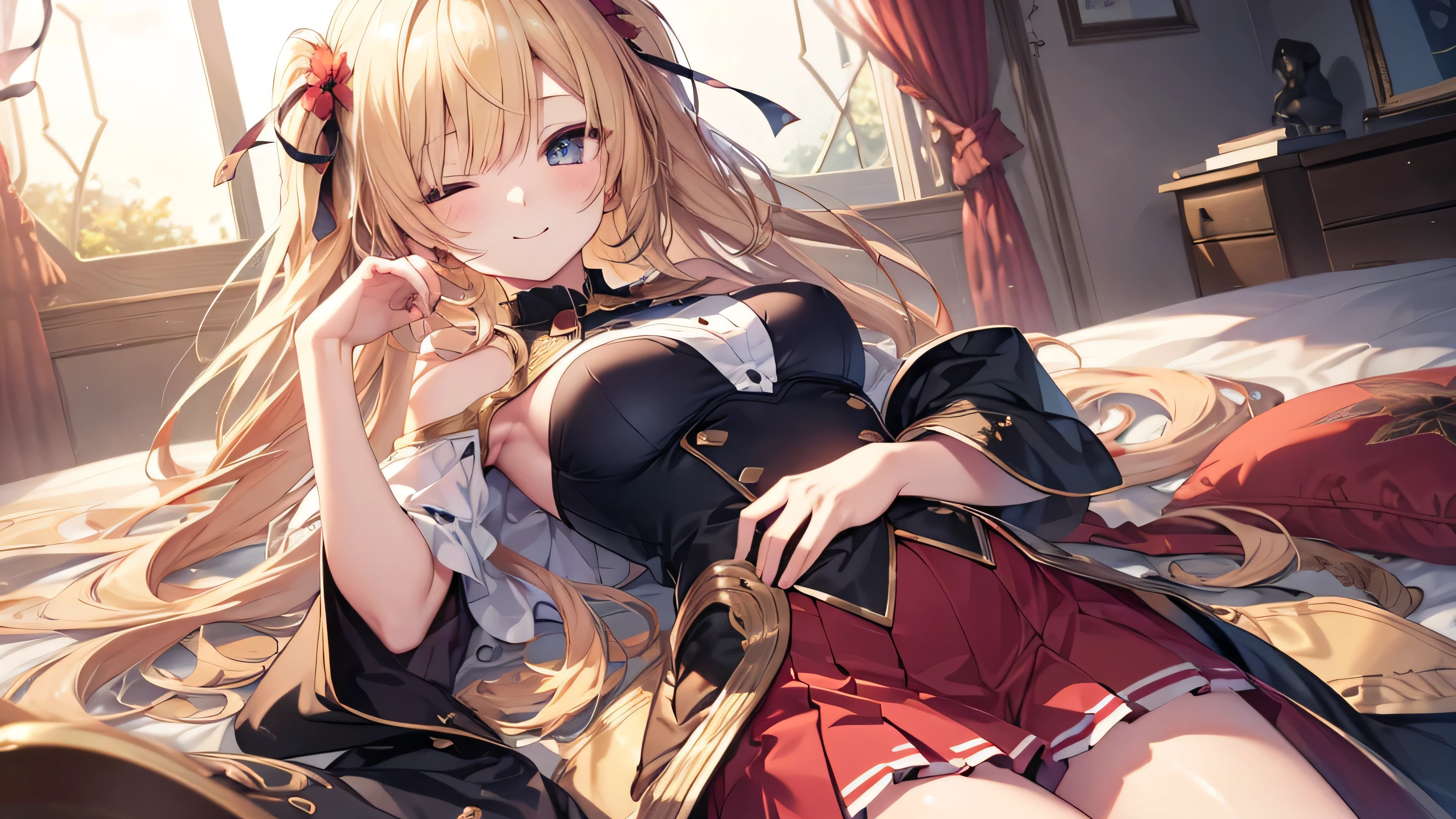 debris flies, highest quality, Highly detailed CG Unity 8K wallpaper, sexy witch , Long length hair、Dark blonde wavy hair、off shoulder knit, dark blue pleated skirt, stockings、medium breasts, saggy breasts, Pose that emphasizes the chest, blush, shy smile, bare shoulders, (((lift up the skirt with both hands、open your legs wide、please open your knees)))、、nice magic book、church bed、lying in bed、、red and navy panties、red and navy bra