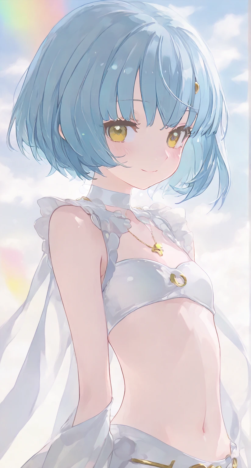 best image quality、highest quality、8K、upper body、thighs、light blue hair、bob hair、blue eyes、swimsuit、I can see your belly button、I can see your stomach、starry sky、beautiful breasts、smile、closed mouth、night