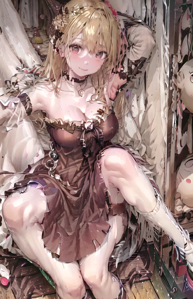 A girl,Long hair, Bangs, Pink hair, Hair between the eyes, s eyes:(1.5), (中的breast:1.2), rest 锁骨, Wedding dress,veil,wedding,Red Dress,Flowers,The skirt is broken,Black socks,Black knee socks,Black gloves,Long boots,Cleavage,breast,, Looking at the audience, whole body, indoors, church,permanent,permanent,Smile,With one eye closed, rest (masterpiece:1.2), best quality, high resolution, 8k wallpaper, (illustration:0.8), (美丽细致s eyes:1.6), Extremely detailed face, Perfect lighting, Extremely detailed CG, (Perfect hands, Perfect anatomical structure),