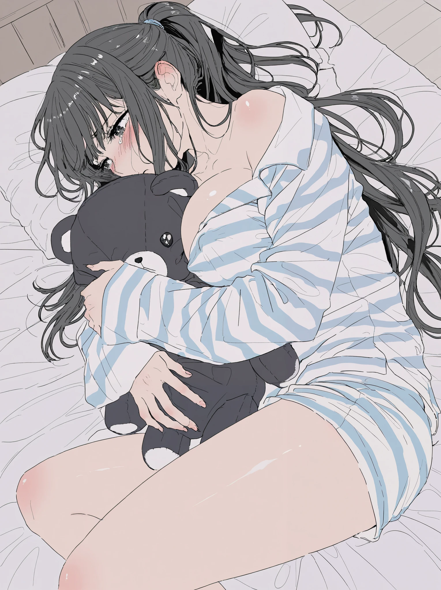 A scantily clad anime girl in her bed hugging a stuffed animal ,that she is a teenage schoolgirl and that her full body is visible and that her underwear is blue 