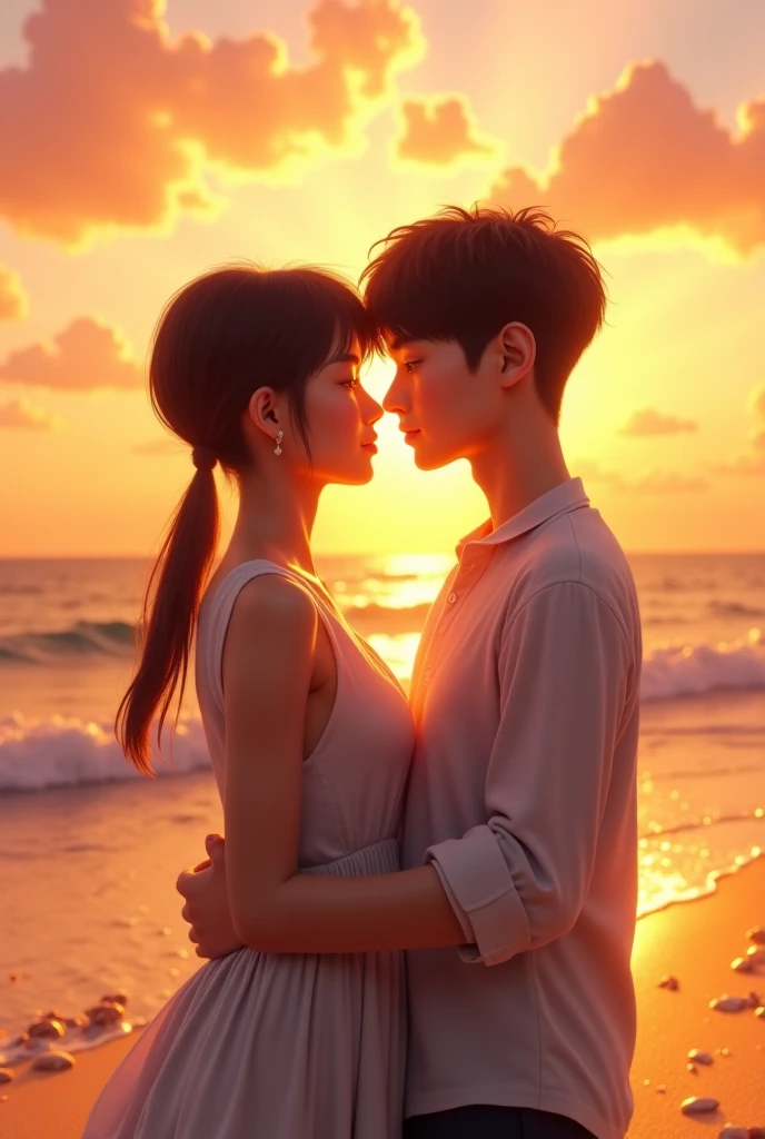 A teenager girl who wears a yellow color t shirt kissing a teenager boy who wears a grey color full sleeve shirt and blue colour denim pant in beach