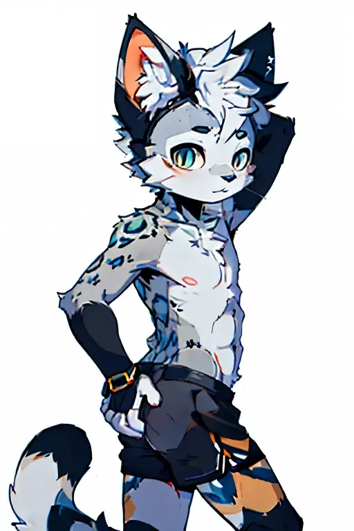 Full body since head until feet Male men wolf femboy. Face 3/4, He would have a mix of white, blue, black, and grey fur, with a long, dark blue and white tail. He also has long, black hair with dark blue highlights. 