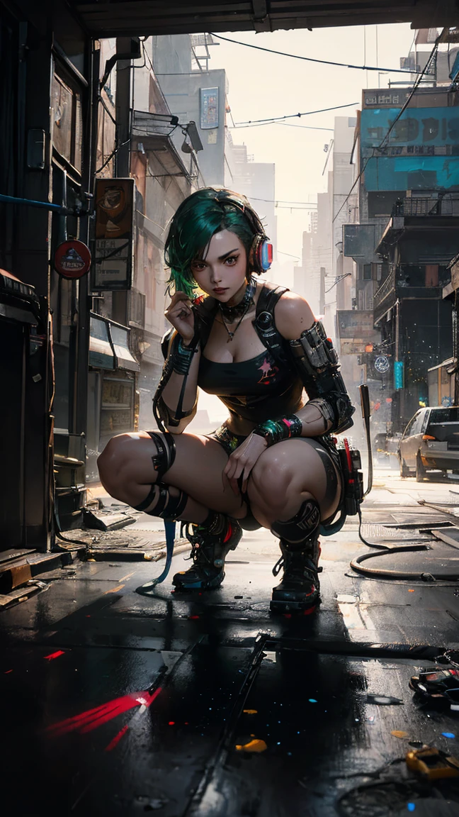 masterpiece, best quality, ((smiling)) naked girl sitting on a large trashcan, Cyberpunk boots, wide open jacket, no bra, body tattoo, fully naked, spreading legs, exposed pussy, shoving pussy, hairy pussy, eye-catching accessories, trendy and innovative hairstyle, dazzling Cyberpunk cityscape, skyscrapers, neon signs, LED lights, bright and vivid color scheme, anime, illustration, detailed skin texture, beautiful detailed face, intricate details, ultra detailed, cinematic lighting, dark shadows.