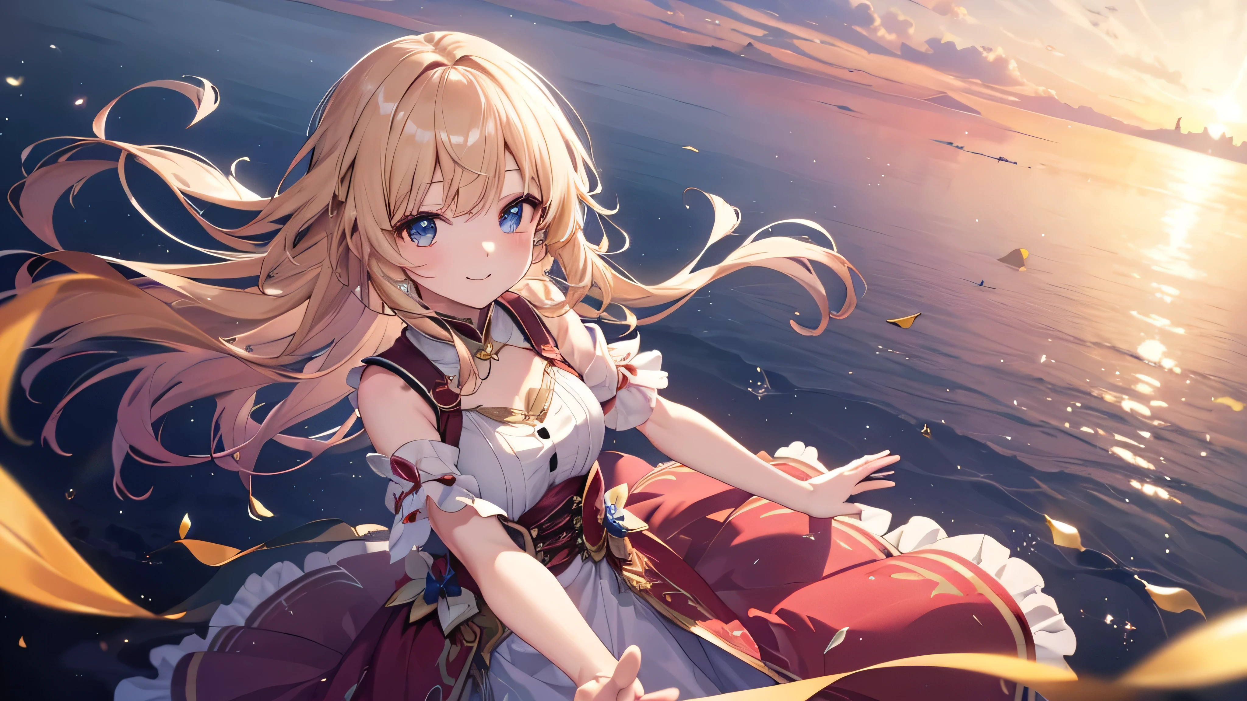 (mystical:1.4), Cosmos Field、(cosmos:1.5) (1girl in, Solo:1.4), Cute, (Chibi:1.6),Detailed small breasts, Raise your left hand、Rising Sun rains down on her left hand in a fantastic scene、A fantastic pre-beat where strong winds materialize all over the area and cosmos petals soar、Visual effects that make her spot beautiful、 ((Writing line transparency Highest quality Best work Concept art.))、Beautiful illustration, pastel color, Illustration style, Realistic skin feeling, Realistic materials、watercolor paiting, A background with detail, three-dimensionality and depth