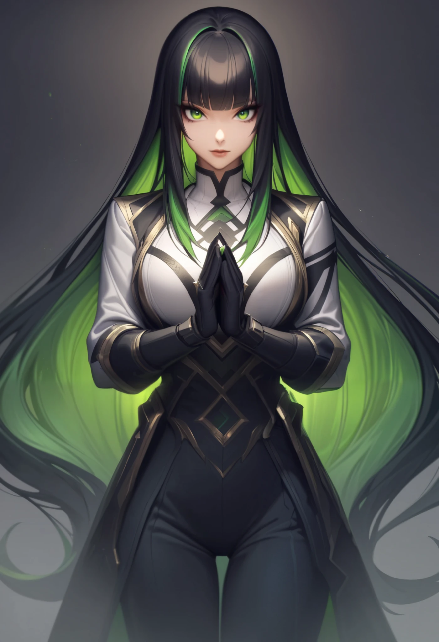 e1e1_v1, 1girl, solo, colored inner hair, long hair, black hair, green eyes, multicolored hair, gloves, green hair, simple background, shirt, looking at viewer, very long hair, two-tone hair, white background, breasts, blunt bangs, black gloves, long sleeves, white shirt, straight hair, high-waist pants, large breasts, own hands together, hime cut

