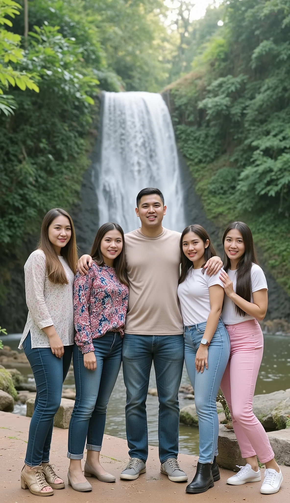 A group of four Indonesian women and one man are posing in front of a waterfall, surrounded by tropical green forest. They are all smiling and dressed casually, with two of the women wearing jeans and casual tops, while the others are wearing shorts or loose pants. The man in the middle of them is wearing matching casual clothing, such as a plain t-shirt and jeans, as he stands confidently with his hand on the shoulder of the two women beside him. The sunlight illuminates the scene, creating a beautiful natural effect and adding to the cheerful and friendly feel of the image. Middle half photo