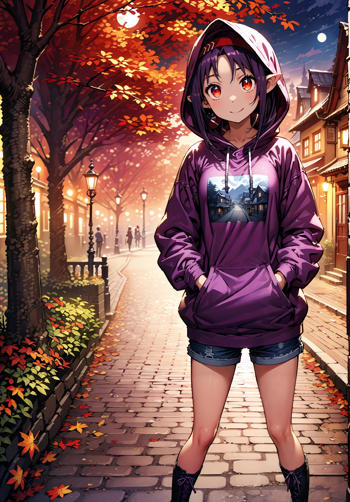 yuukiKonno, Konno Yuuki, pointy ears, word, Red Eyes,long hair,smile,cover,Close Mouth,purple oversized hoodie , Denim Micro Shorts ,Bare legs,boots, hood up ,autumn,autumn leaves, night, full moon,is standing,put both hands in the hoodie pocket so it fits into the illustration,綺麗なnight景, Beautiful Streetscapes,so that my whole body is in the illustration,break outdoors, garden,
break looking at viewer,full body,
break (masterpiece:1.2), BEST QUALITY, high resolution, Unity 8k Wallpaper, (Illustrations:0.8), (Beautiful Detailed Eyes:1.6), very detailed face, So that it fits into the illustration, very detailed CG, full body photo,( curved body, Perfect anatomy from a seashell),