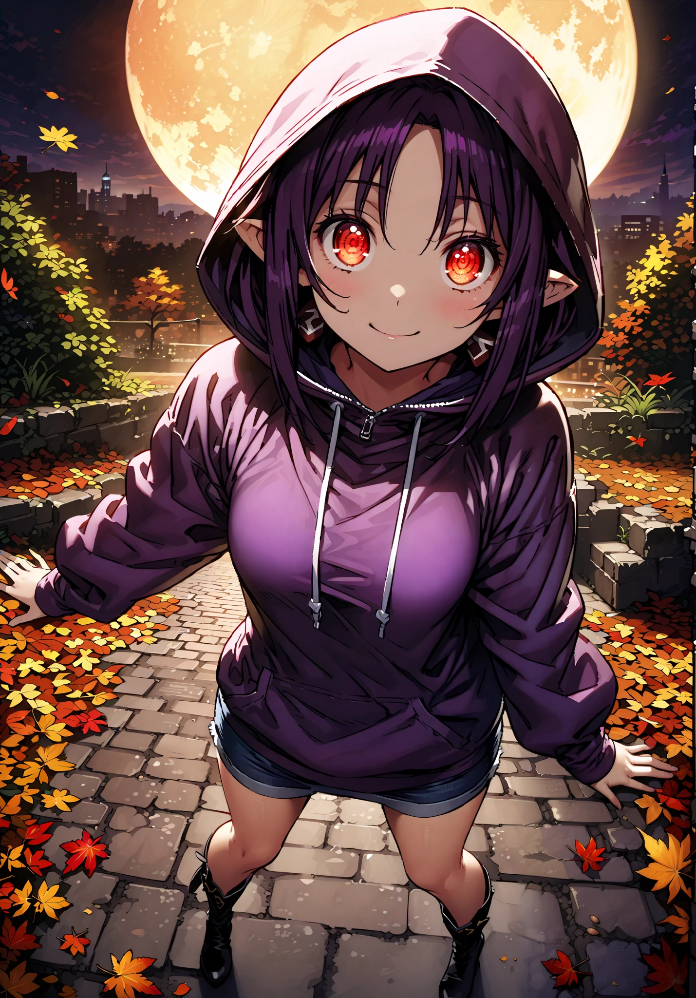 yuukiKonno, Konno Yuuki, pointy ears, purple hair, Red Eyes,long hair,smile,cover,Close Mouth,purple oversized hoodie , Denim Micro Shorts ,Bare legs,boots, hood up ,autumn,autumn leaves, night, full moon,is standing,put both hands in the hoodie pocket so it fits into the illustration,綺麗なnight景, Beautiful Streetscapes,so that my whole body is in the illustration,break outdoors, garden,
break looking at viewer,full body,
break (masterpiece:1.2), BEST QUALITY, high resolution, Unity 8k Wallpaper, (Illustrations:0.8), (Beautiful Detailed Eyes:1.6), very detailed face, So that it fits into the illustration, very detailed CG, full body photo,( curved body, Perfect anatomy from a seashell),