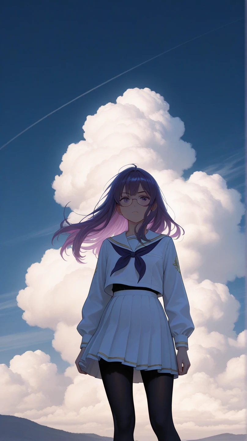 he image is an illustration of a young woman with long purple hair and glasses. She is wearing a white school uniform with gold accents and black tights. The woman is in mid-air, with her left leg extended upwards and her right leg bent at the knee. She has a serious expression on her face and her hand is resting on her chin. The background is a blue sky with white clouds.  night lights can be seen in the dark blue hills.  night, horroristic shadows, high contrasts, lumnious, theatrical, character concept art