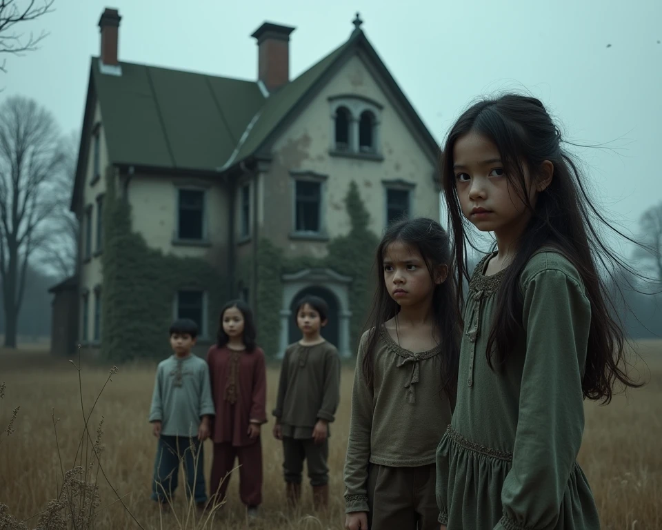 A 22 year old girl with short dark hair and a purple ring, A 10-year-old blonde boy with a green pearl necklace, a blond boy with freckles and a blue amulet necklace. They are all holding hands in front of an old, abandoned house and their expressions are filled with fear.