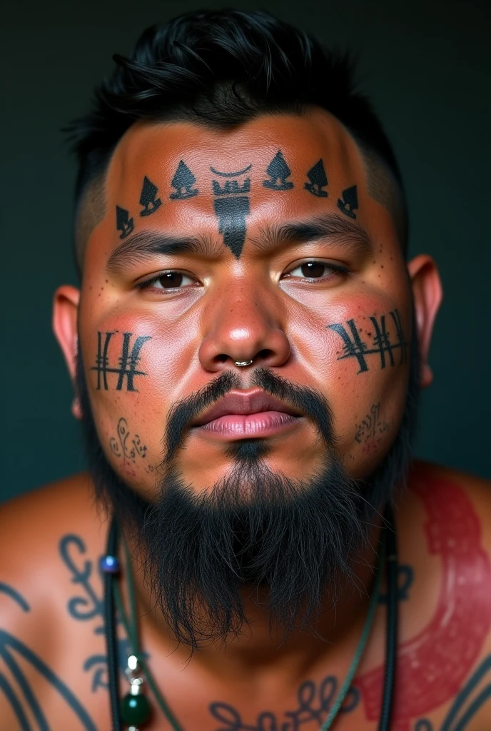 AotearoaMatariki, solo, 1boy, brown eyes, jewelry, male focus, teeth, facial tattoo, tattoo, moko, chin tattoo, tan skin, dark skinned male, necklace, bone carving necklace, earrings, pasifika, maori, polynesian, mature male, Aotearoa, <lora:MatarikiAotearoaXL:0.8>