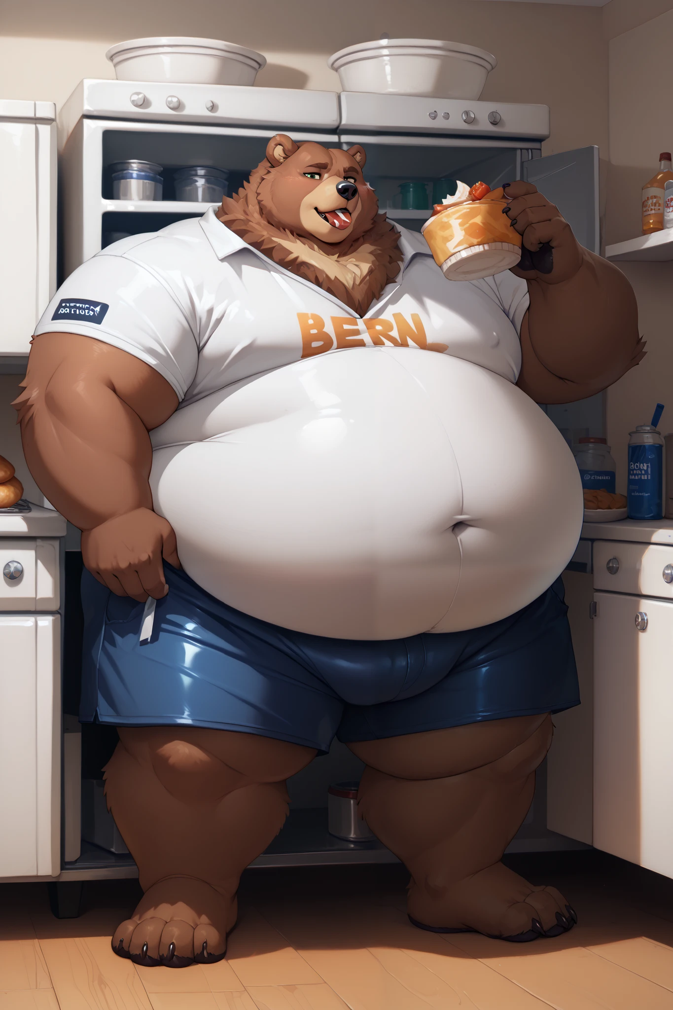 high resolution perfect anatomy contrapposto,fat furry bear,Ben bigger,gaining weight while directly eating the contents of a large refrigerator,big belly,very tight shorts