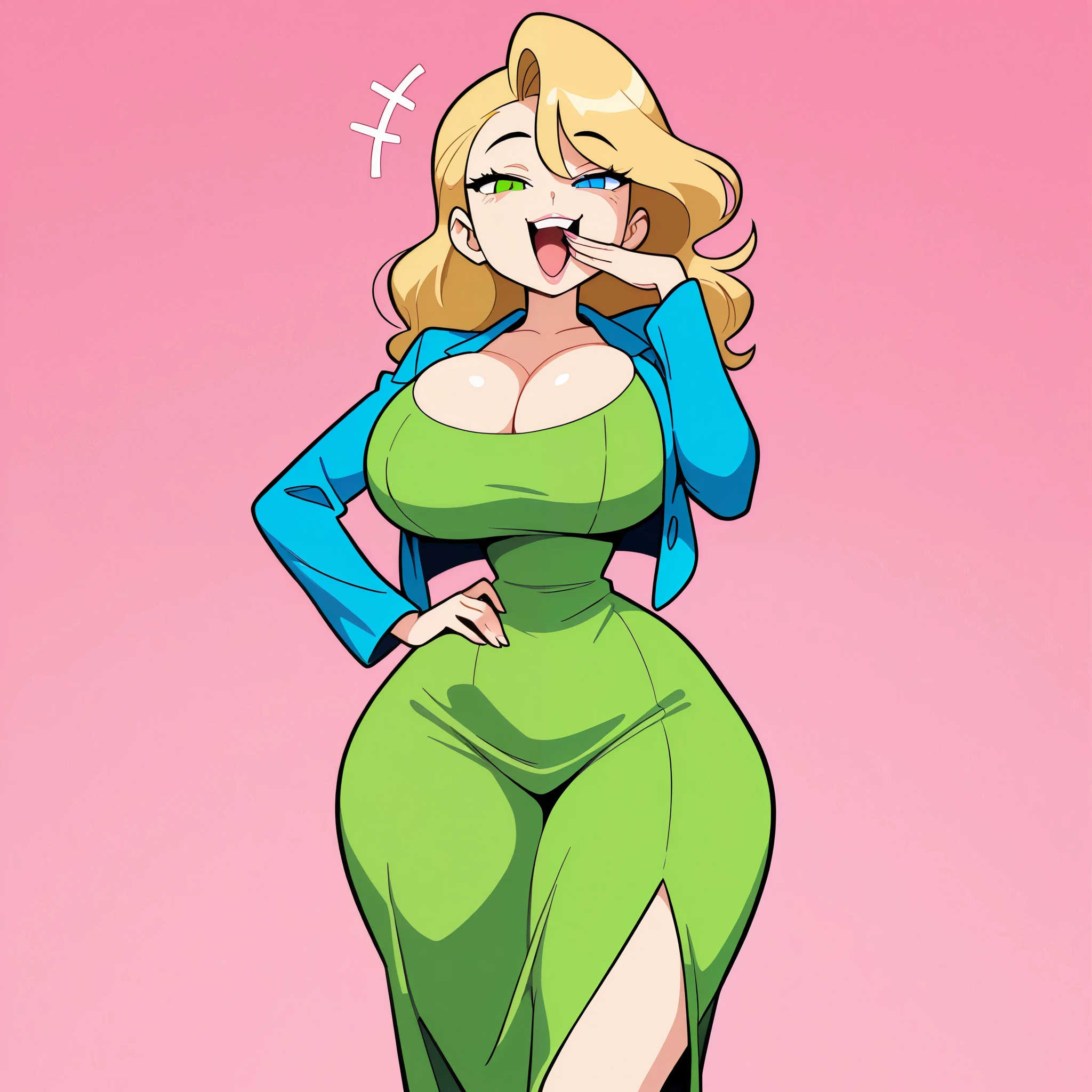 1woman, mature female, solo, long blonde hair, heterochromia, green eye, blue eye, full lips, huge breasts, narrow waist, wide hips, thick thighs, green dress, blue jacket, ojou-sama pose, laughing, smug, hand to own mouth, open mouth, cute, hand on hips, standing, looking at viewer, simple background, from the front view, diives