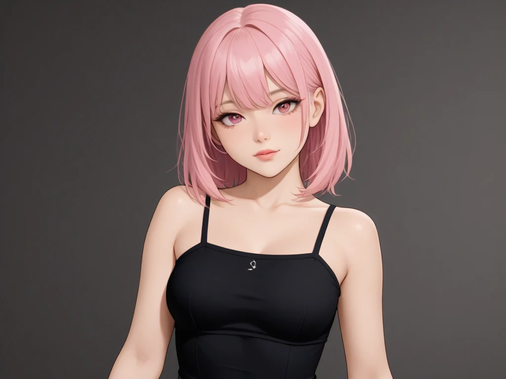 Gentle and attractive Chinese beauty, Half-body photo, Delicate and sexy collarbone, Attractive oval face, double eyelid, Bright pink eyes, Pink Lips, Small Nose, Exposing shoulders, Concentrated face, Face close-up, Ultra-high resolution, Super Details, Elegant standing posture, Korean style puff sleeve square collar slim short shirt, Pair it with a high-waisted light-colored jeans suit.